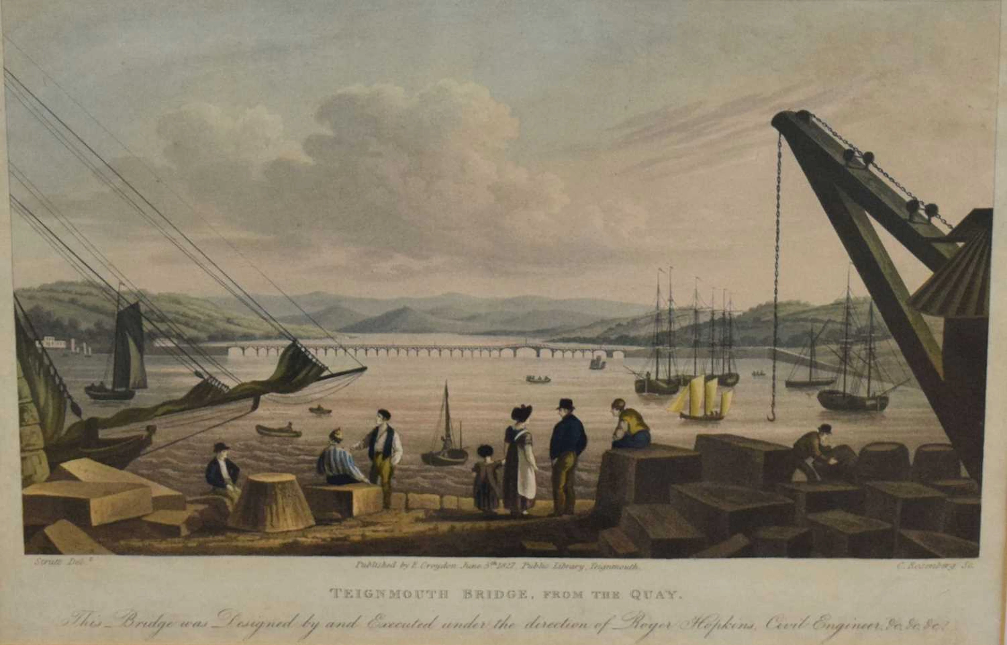 Early 19th century coloured engraving, 'Teignmouth Bridge from the Quay'