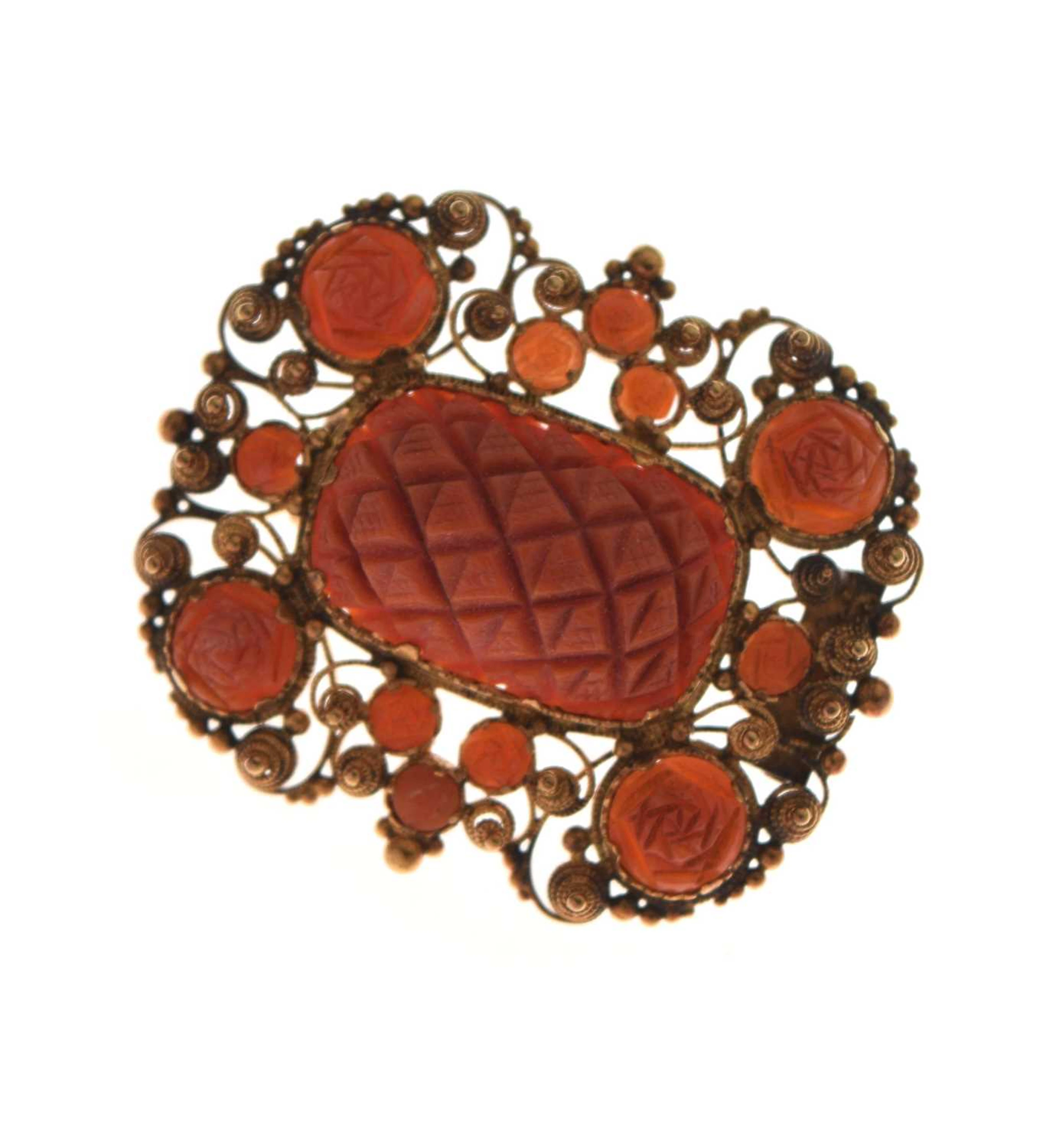 Georgian coral and yellow metal filigree brooch