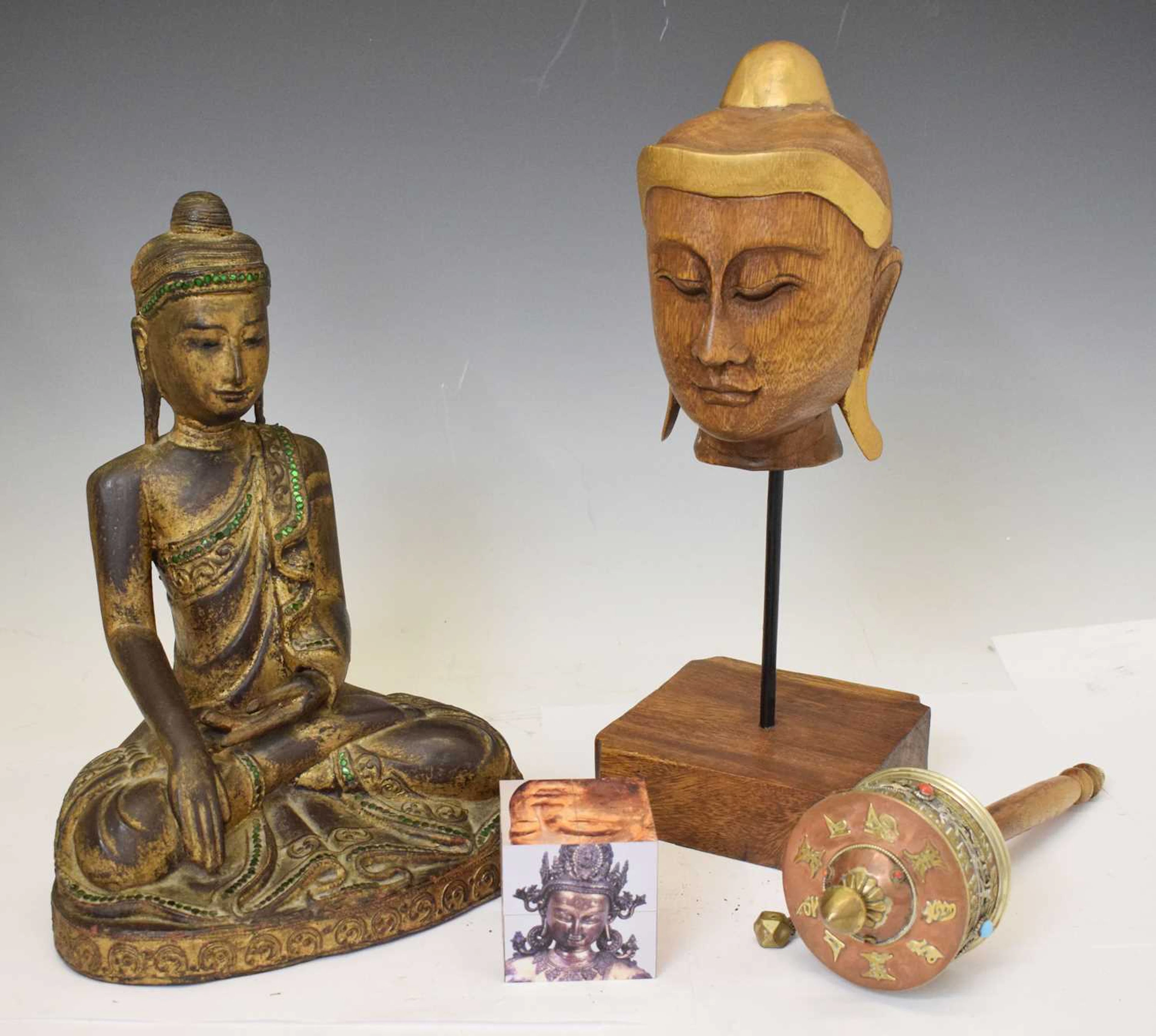 Two South East Asian carved wooden Buddha statues etc.