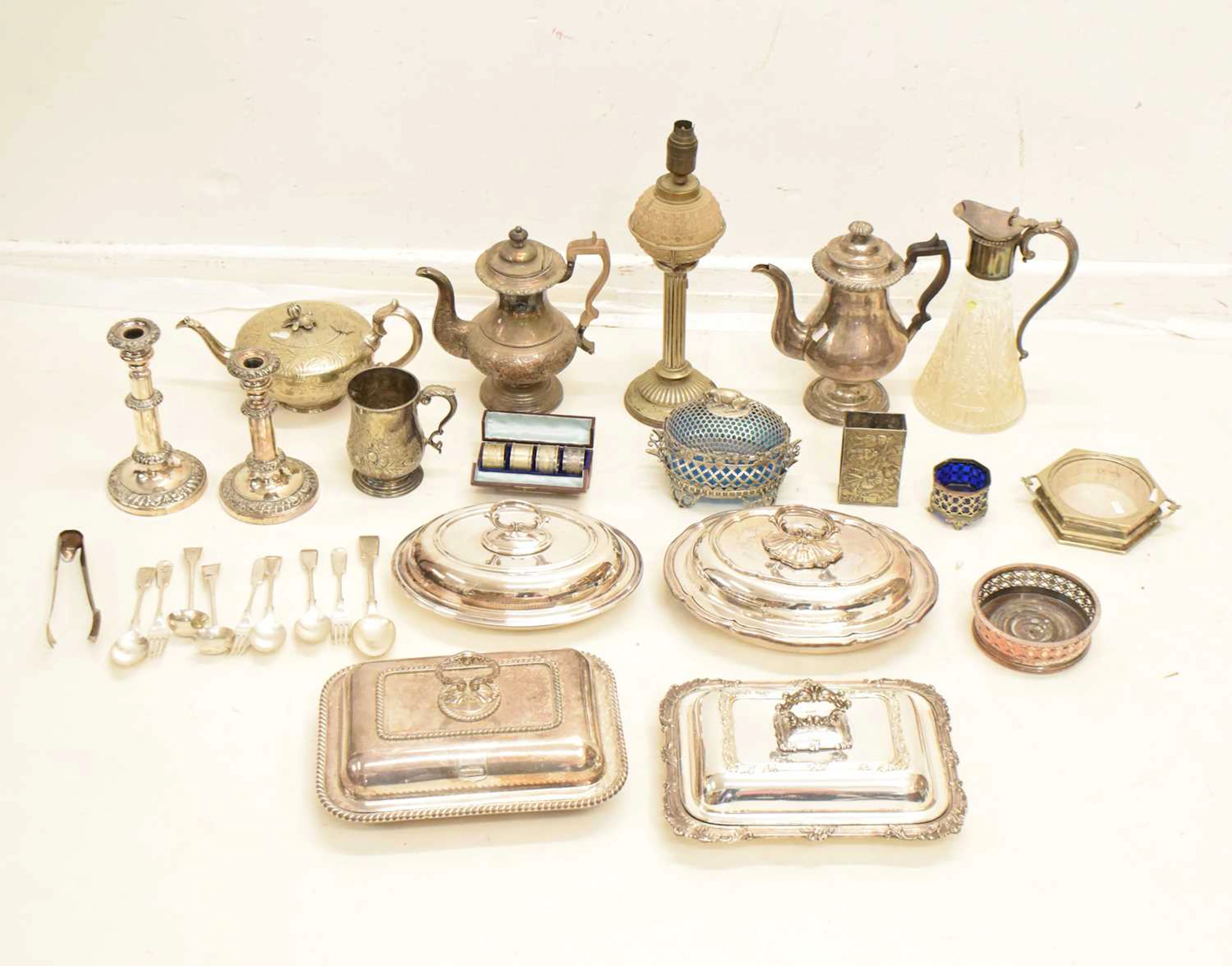 Quantity of silver plated items to include mounted claret jug, entree