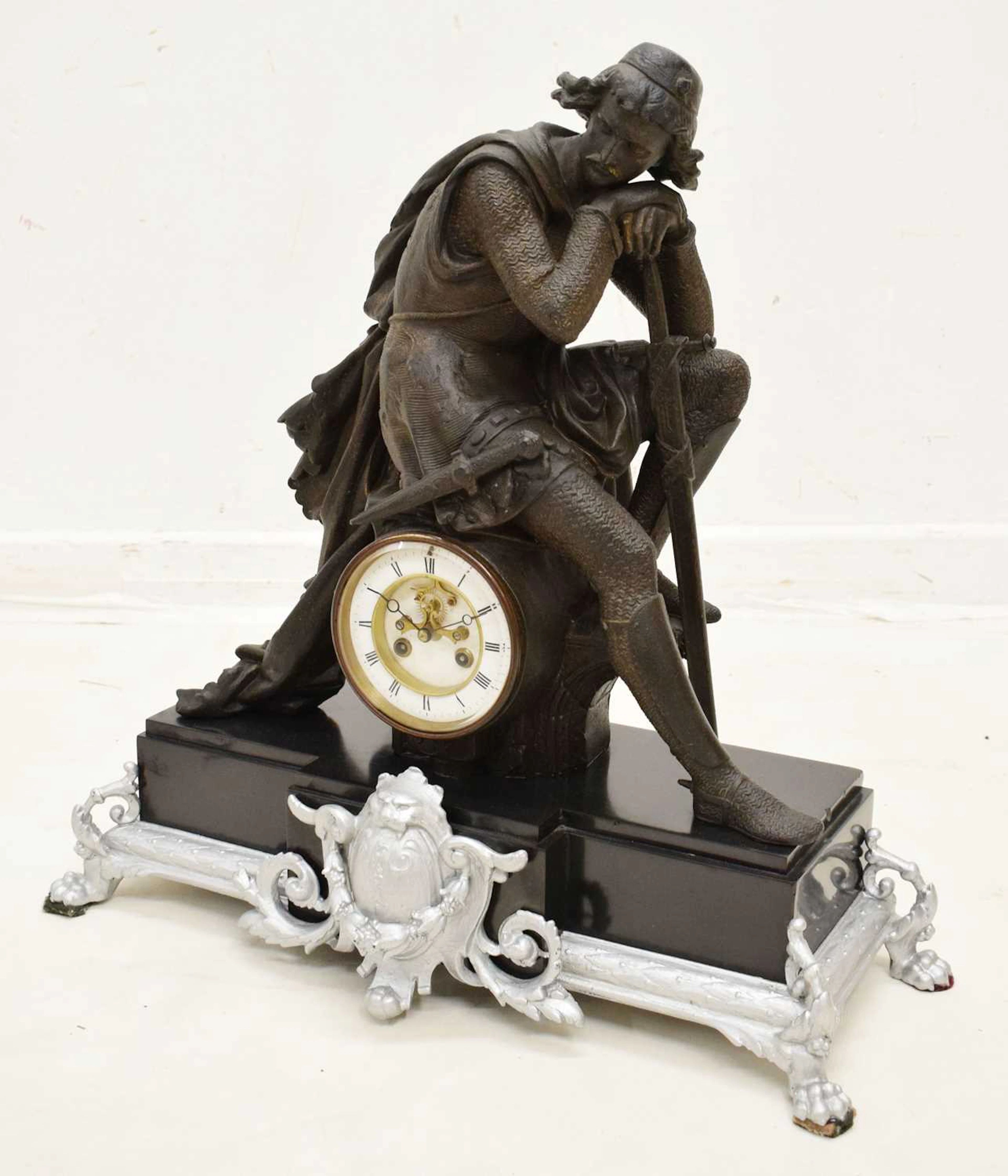 19th century French black marble and spelter mantel clock