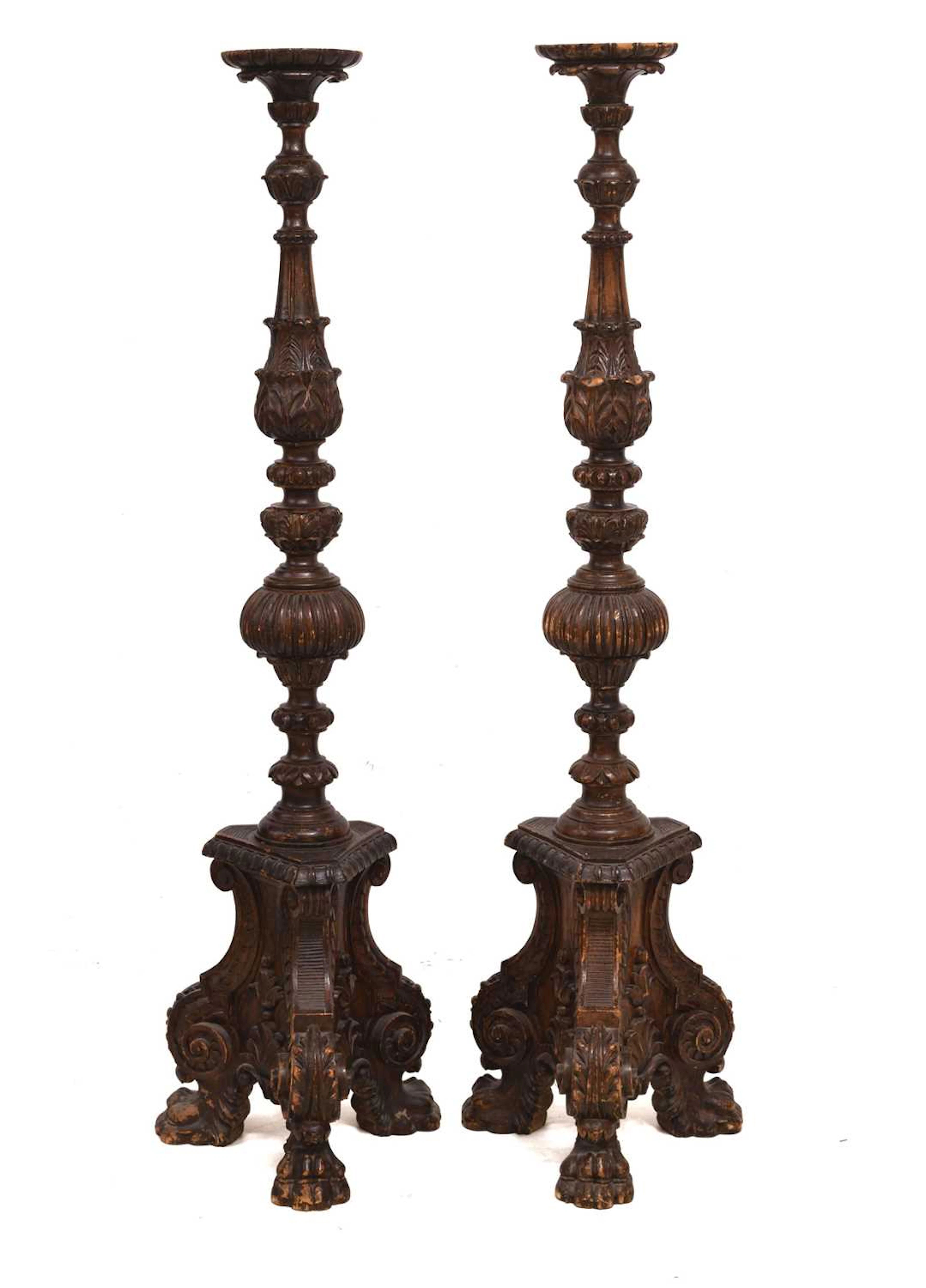 Large pair of Italian carved fruitwood torchères