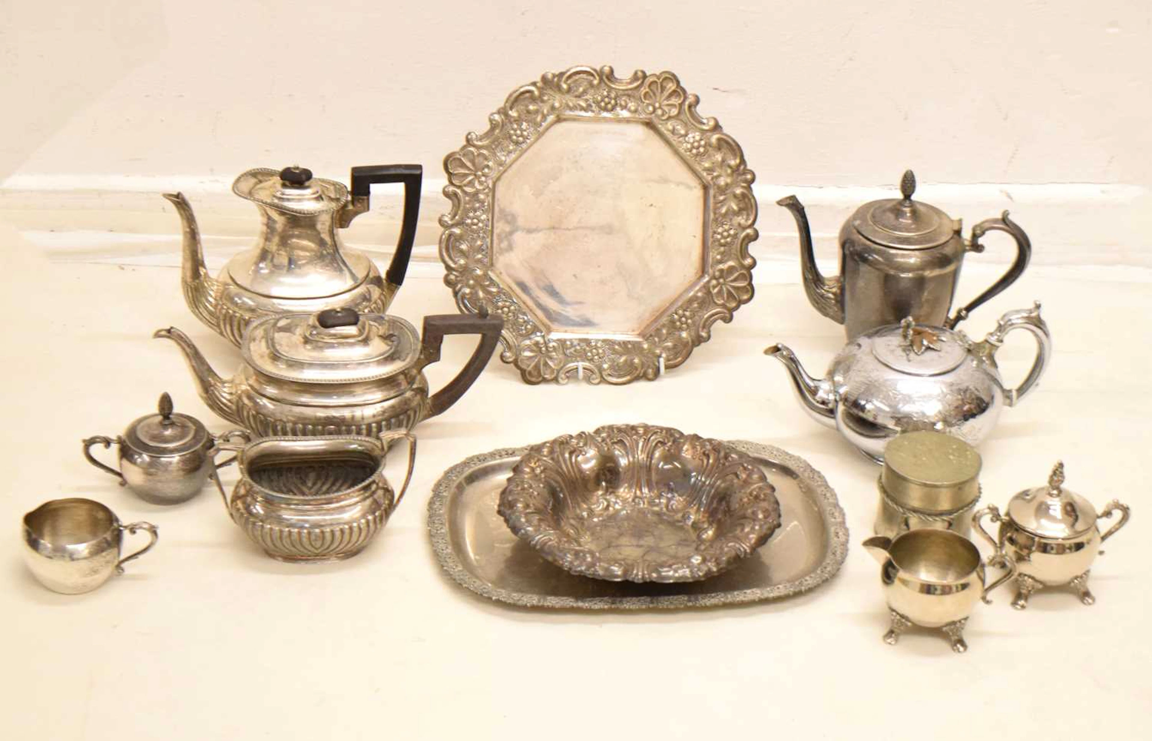 Collection of silver plated items to include a Victorian teapot, salvers, etc