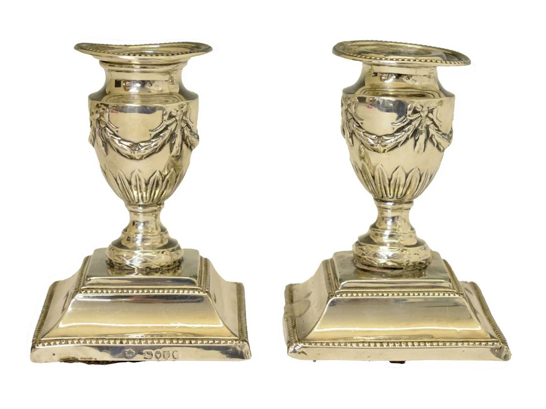 Pair of Victorian silver low candlesticks in the Adam Revival taste