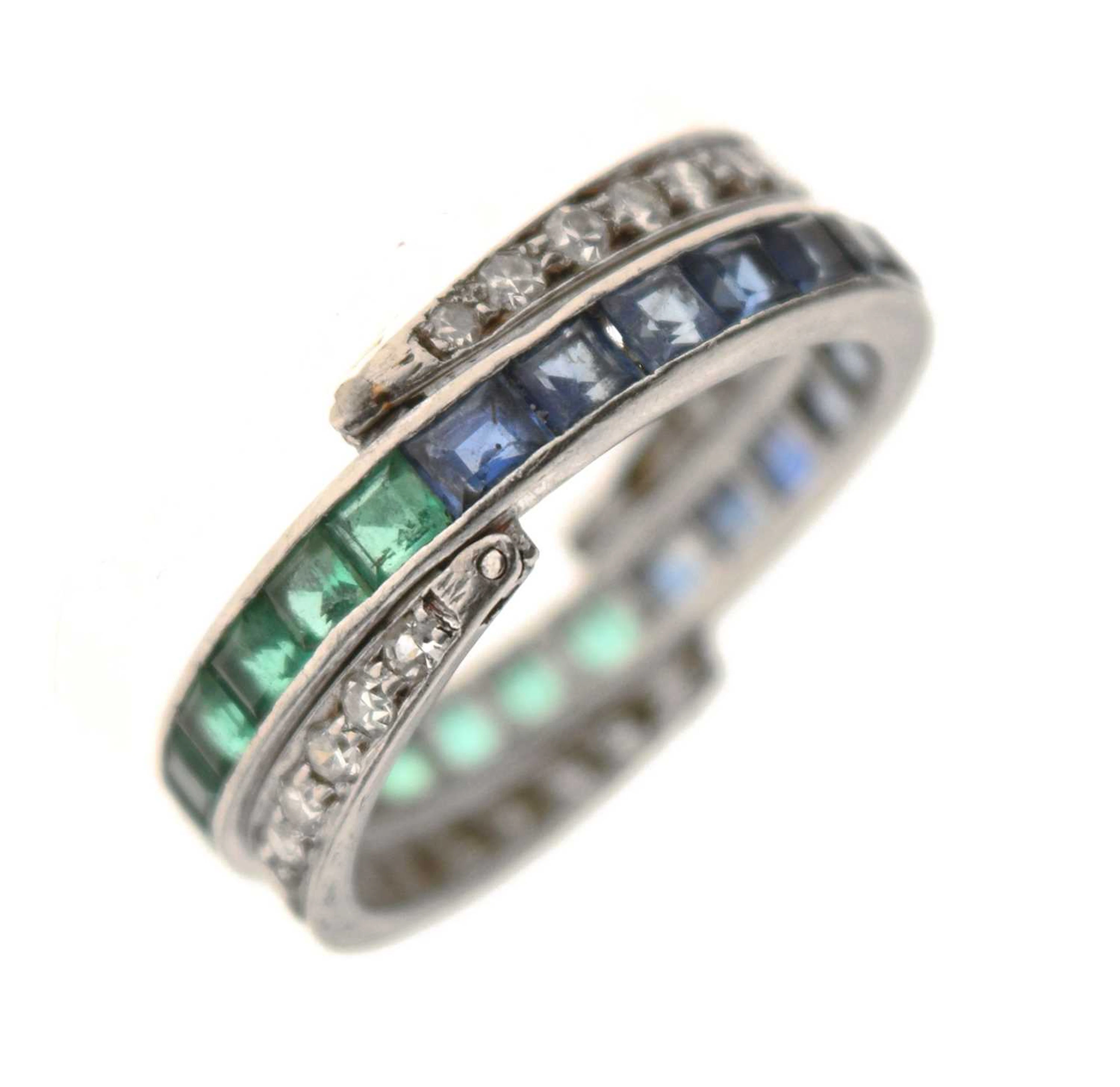 Art Deco diamond, sapphire and emerald 'day and night' eternity ring