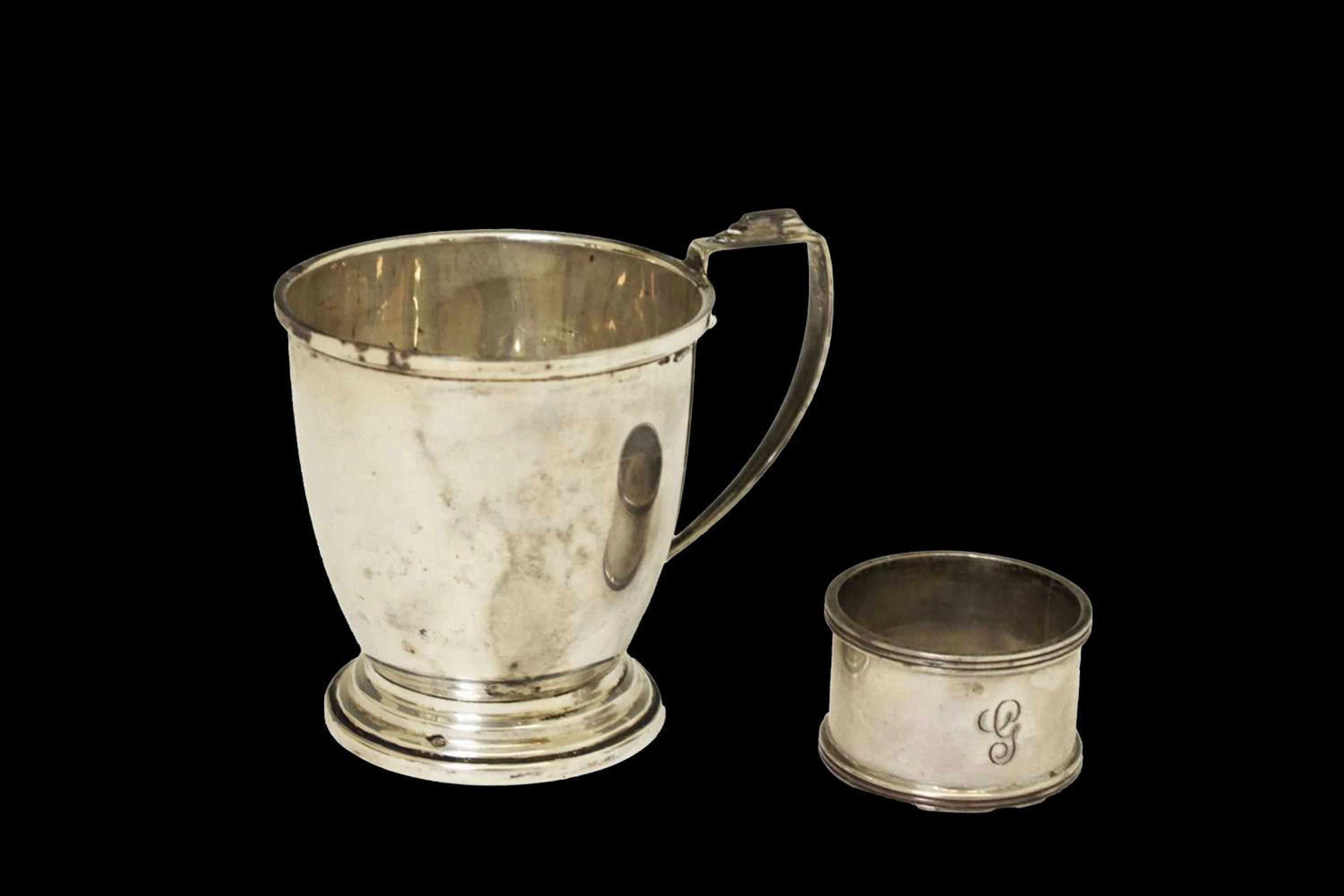 Edward VIII silver Christening mug in the Art Deco taste and a single