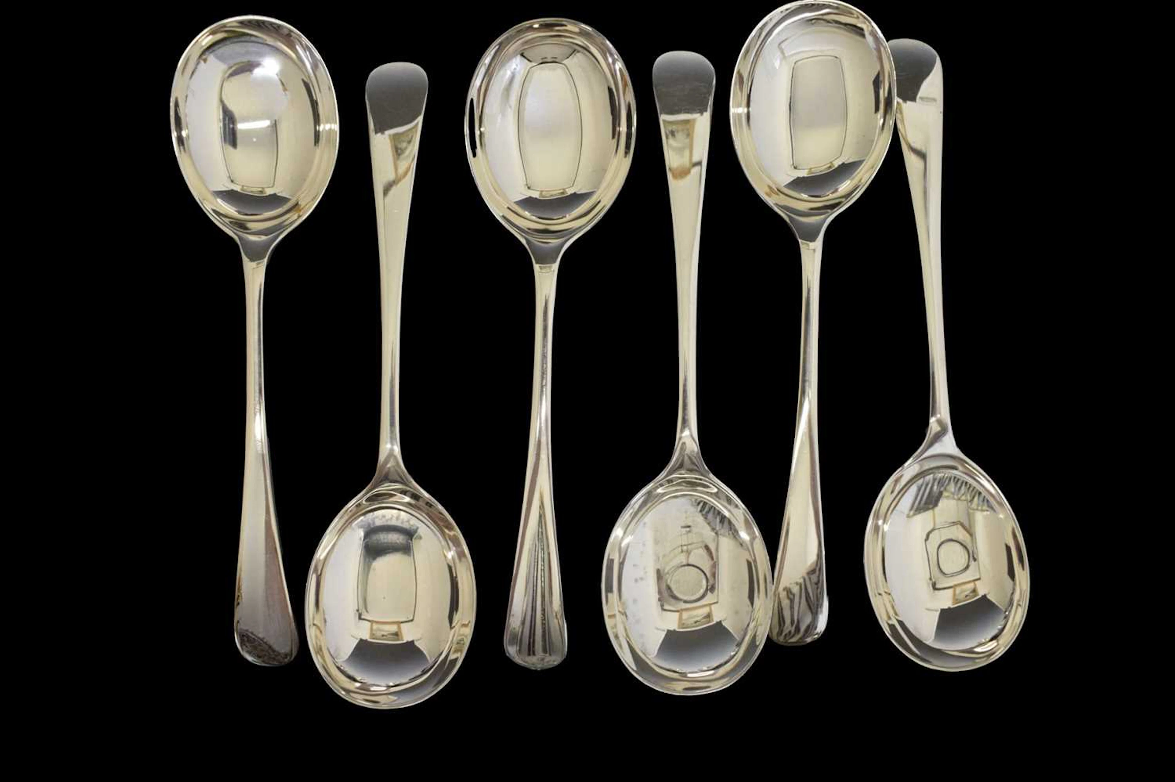 Set of six Old English pattern soup spoons