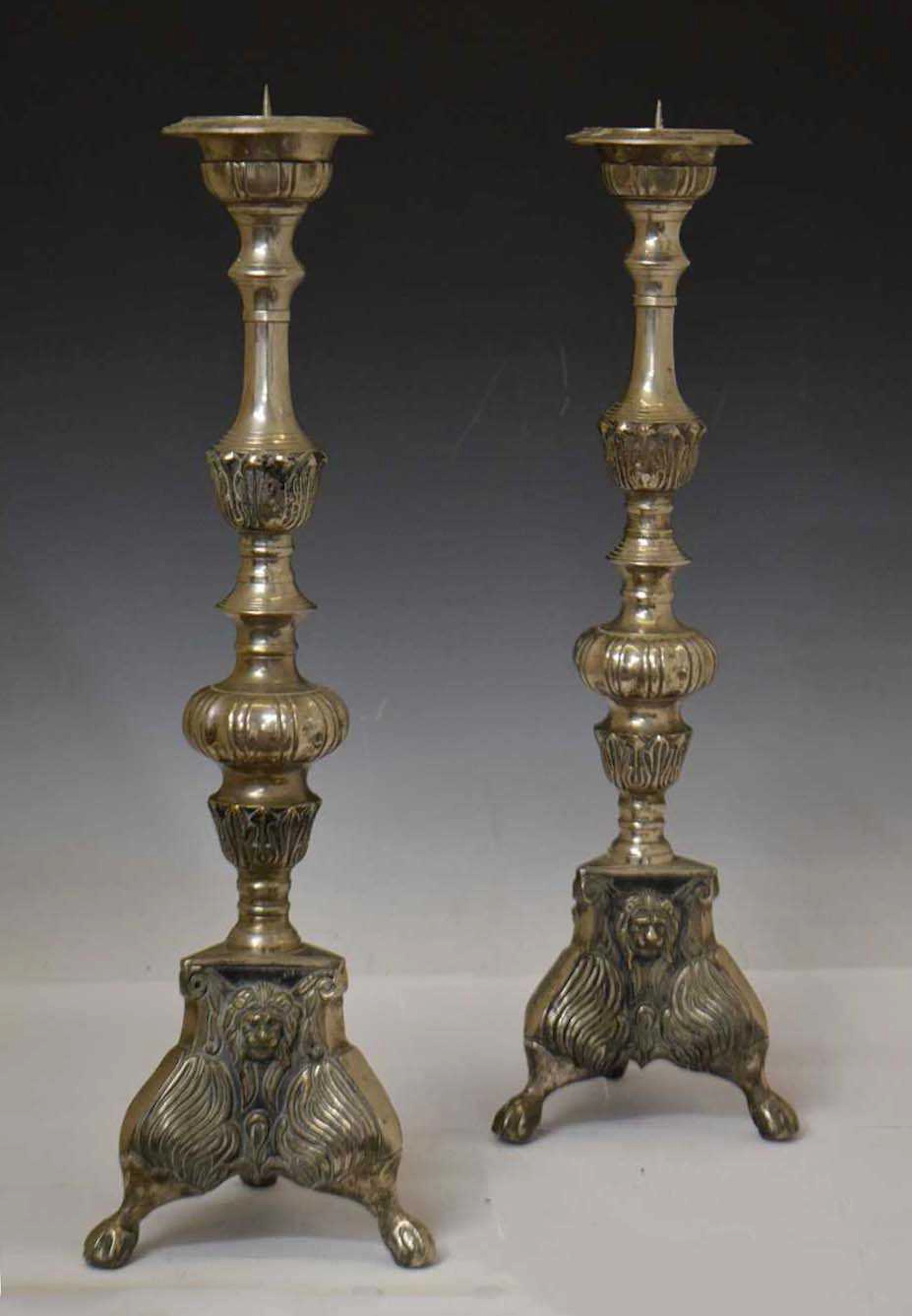 Pair of silvered brass ecclesiastical altar pricket candlesticks