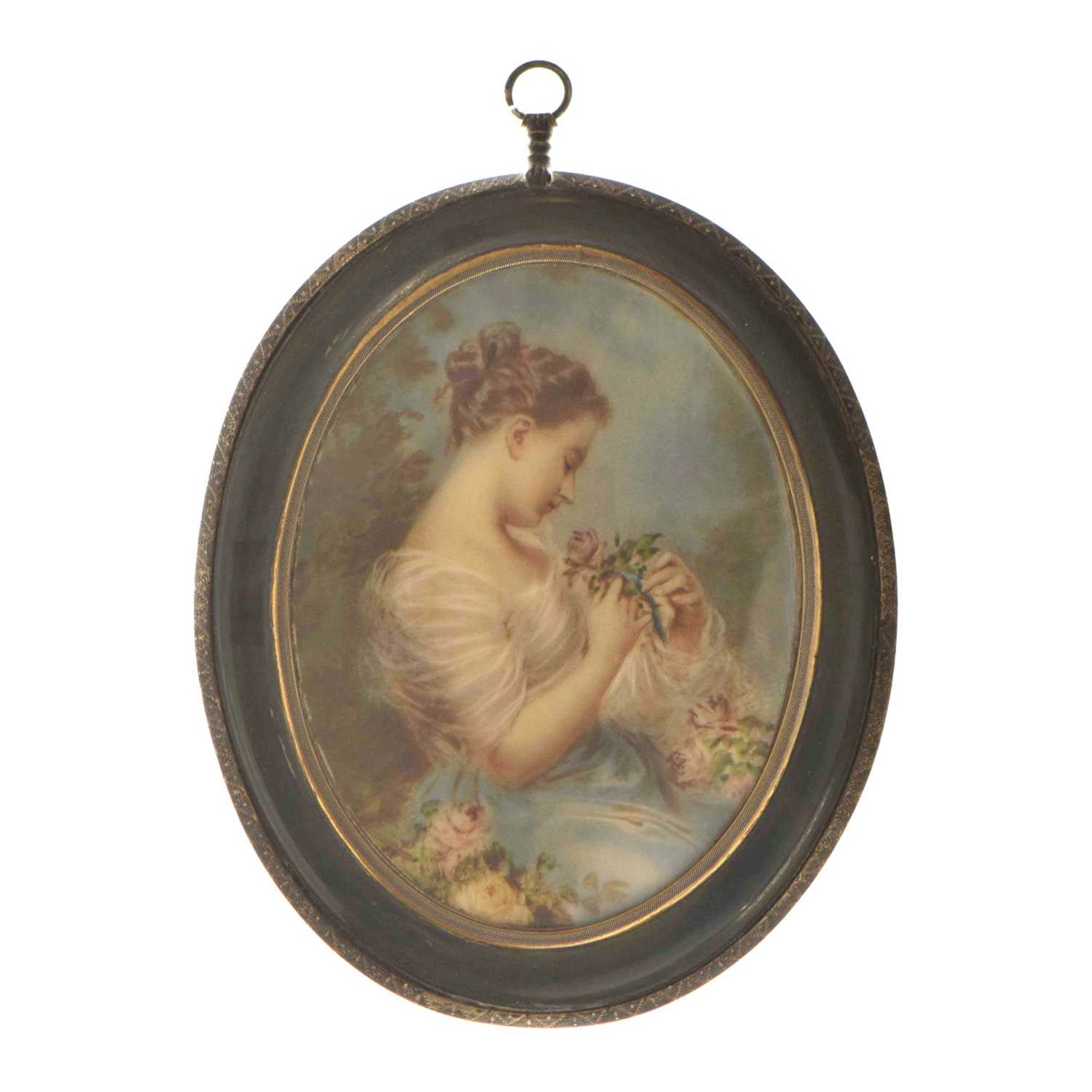 Late 19th century miniature watercolour on ivory, profile of a lady