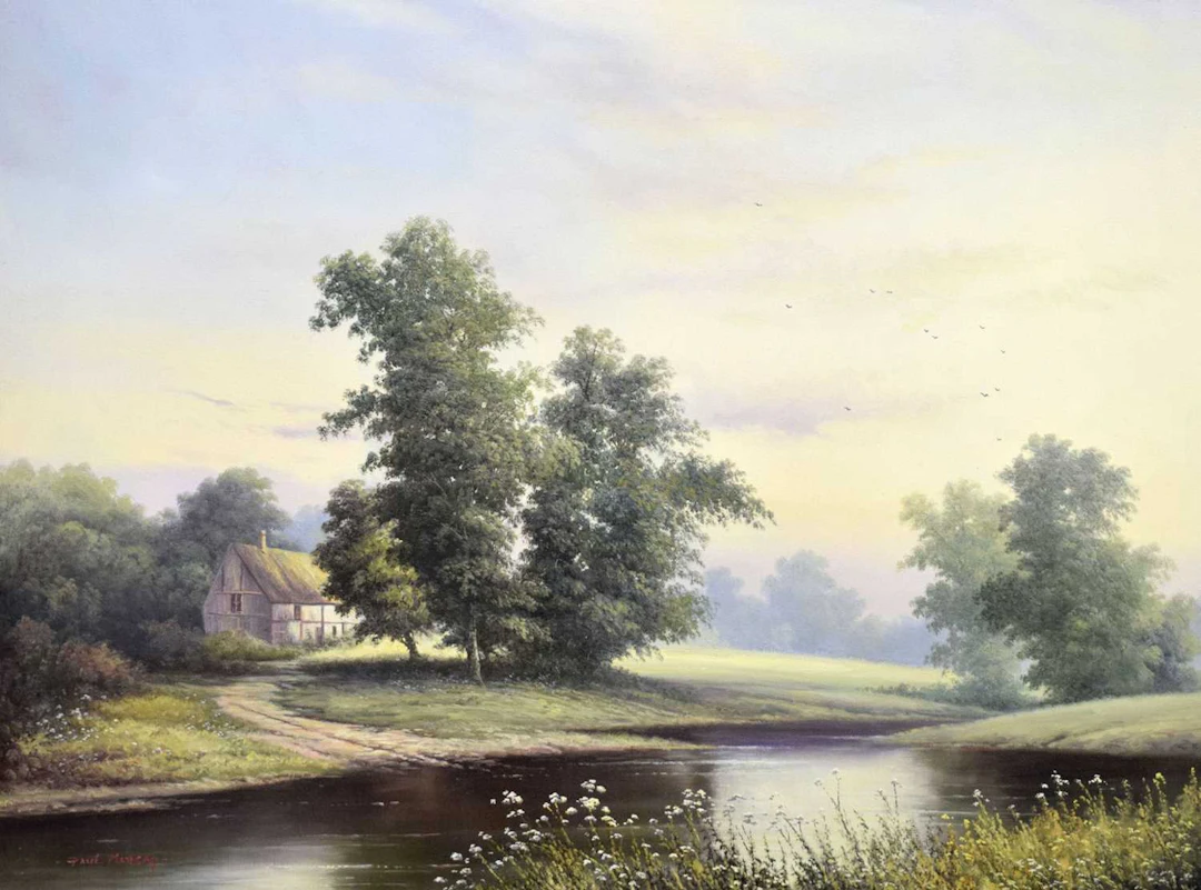 Paul Morgan - Oil on canvas - Riverside scene with cottage