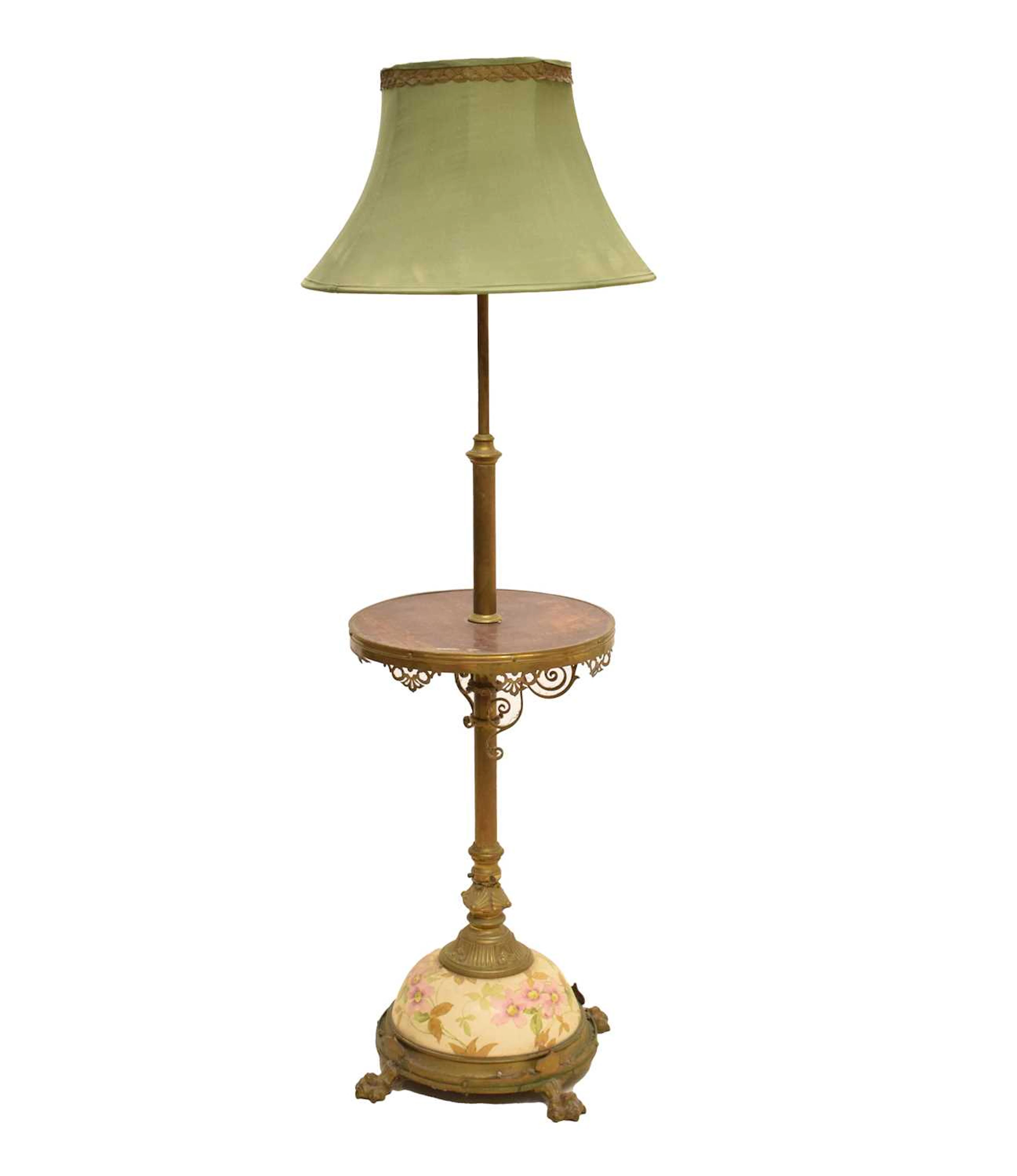 Late Victorian brass and ceramic standard lamp