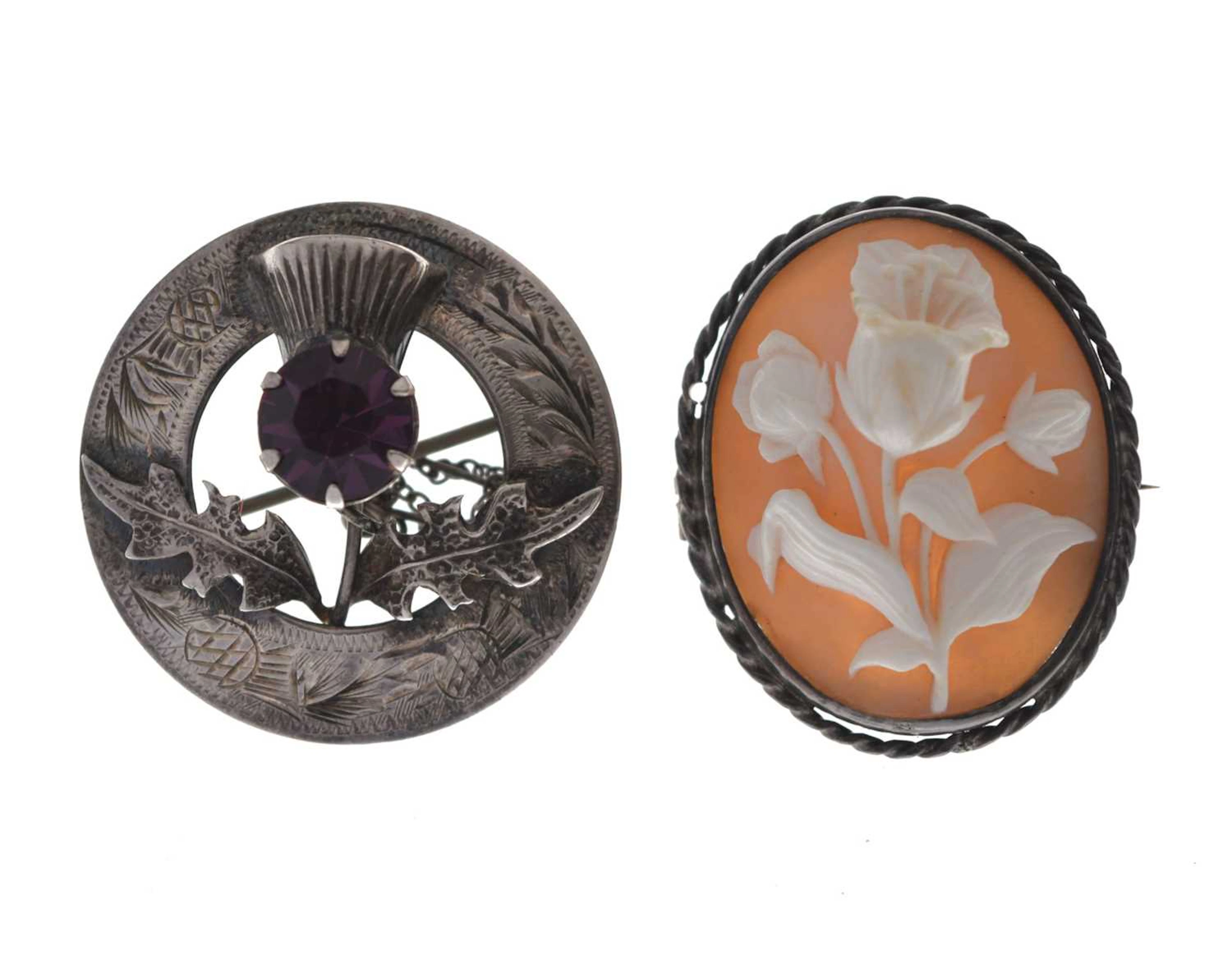 Scottish thistle design silver brooch, and a cameo brooch (2)