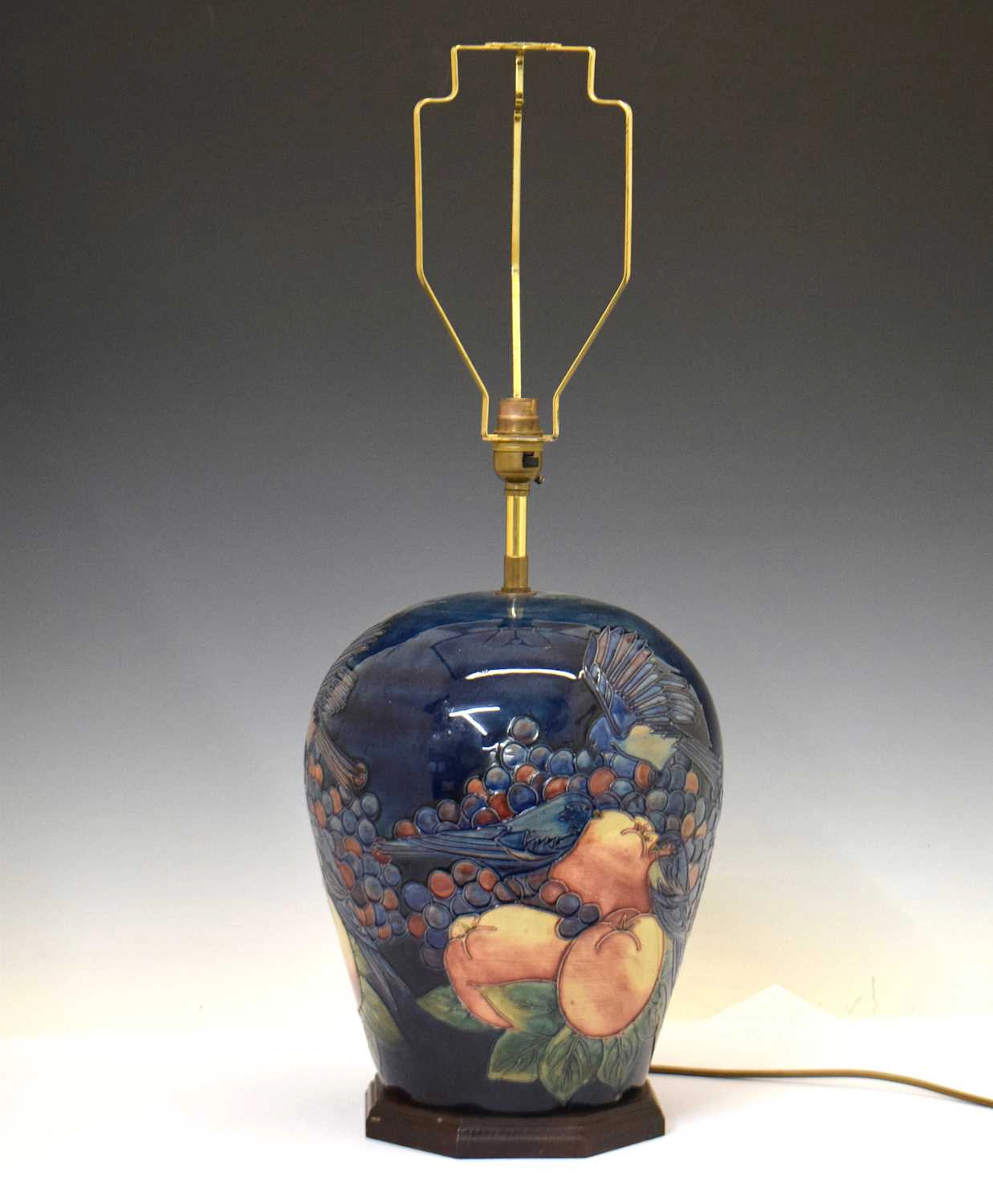 Moorcroft - Table lamp of ovoid form, decorated in the 'Blue Finches' pattern