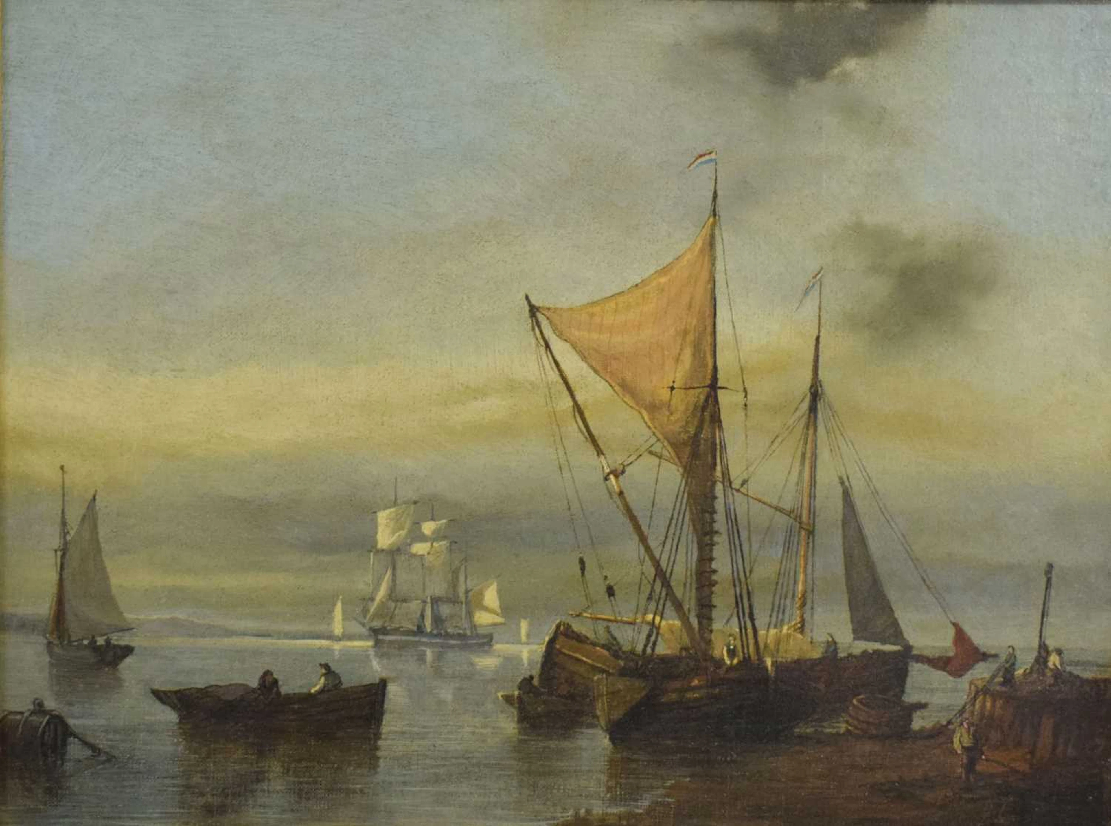 Early 20th century oil on canvas - Coastal scene with boats and ships