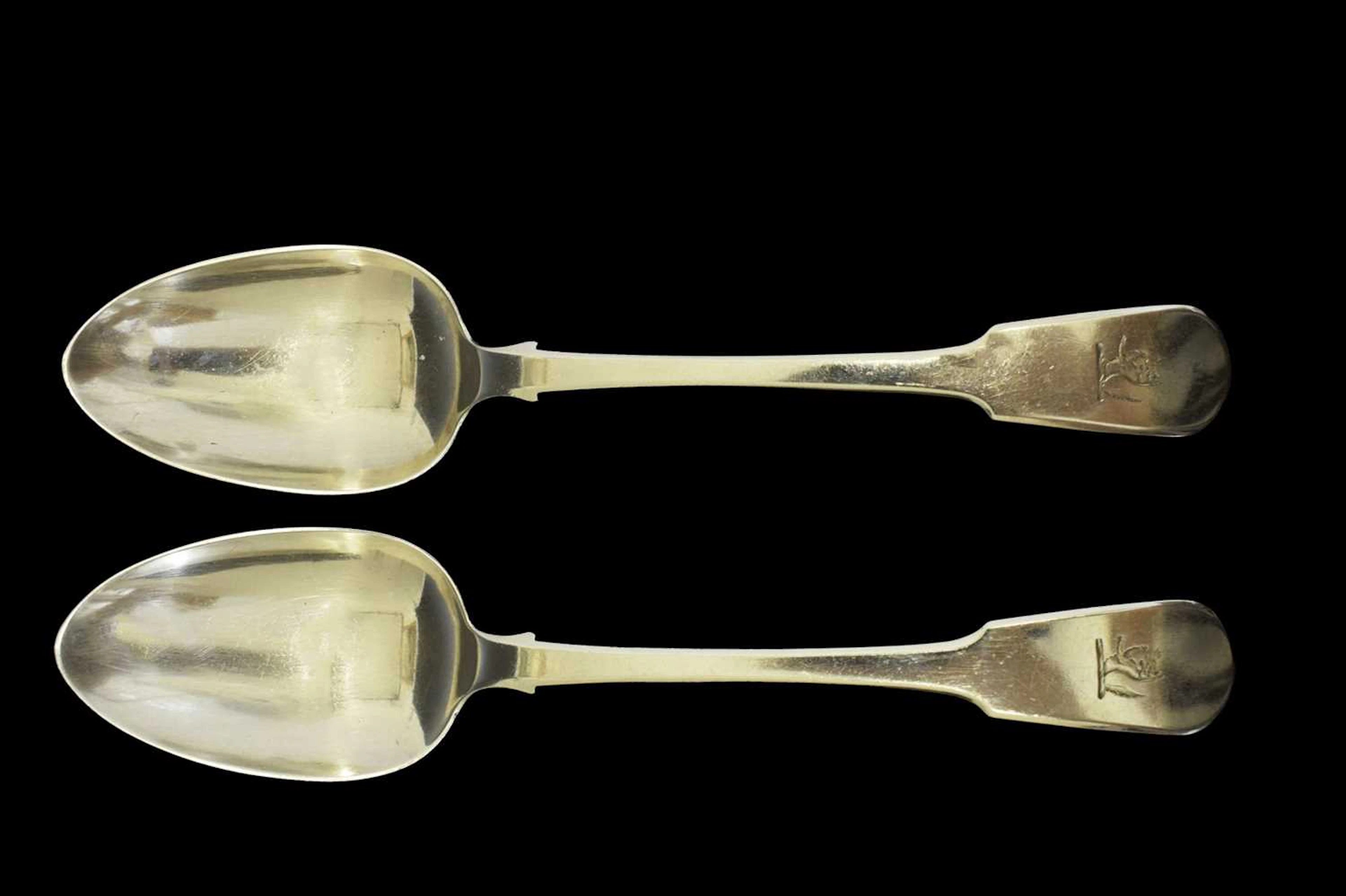 Pair of William IV silver Fiddle pattern table spoons