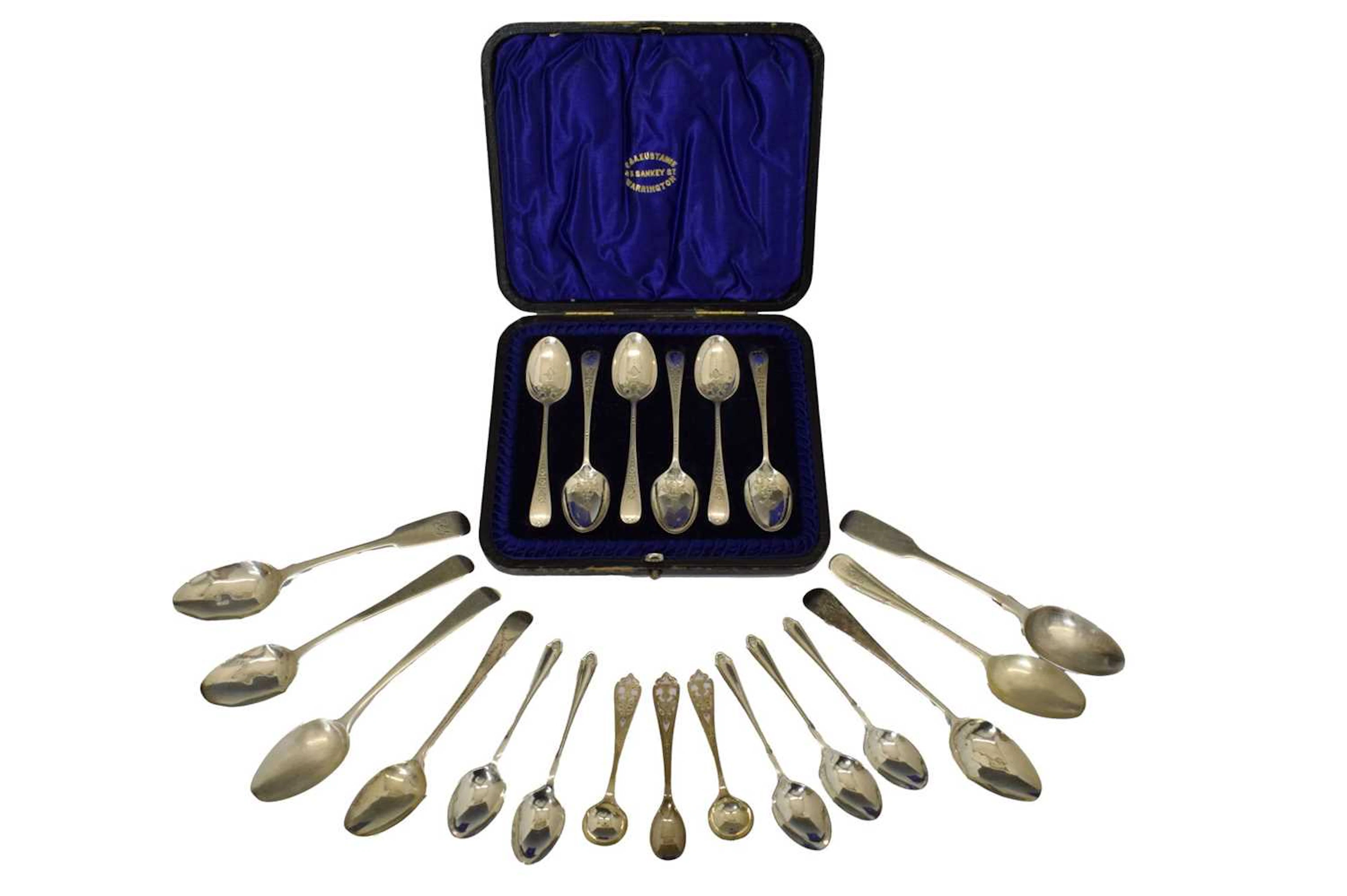Set of six late Victorian silver teaspoons with bright-cut decoration, etc