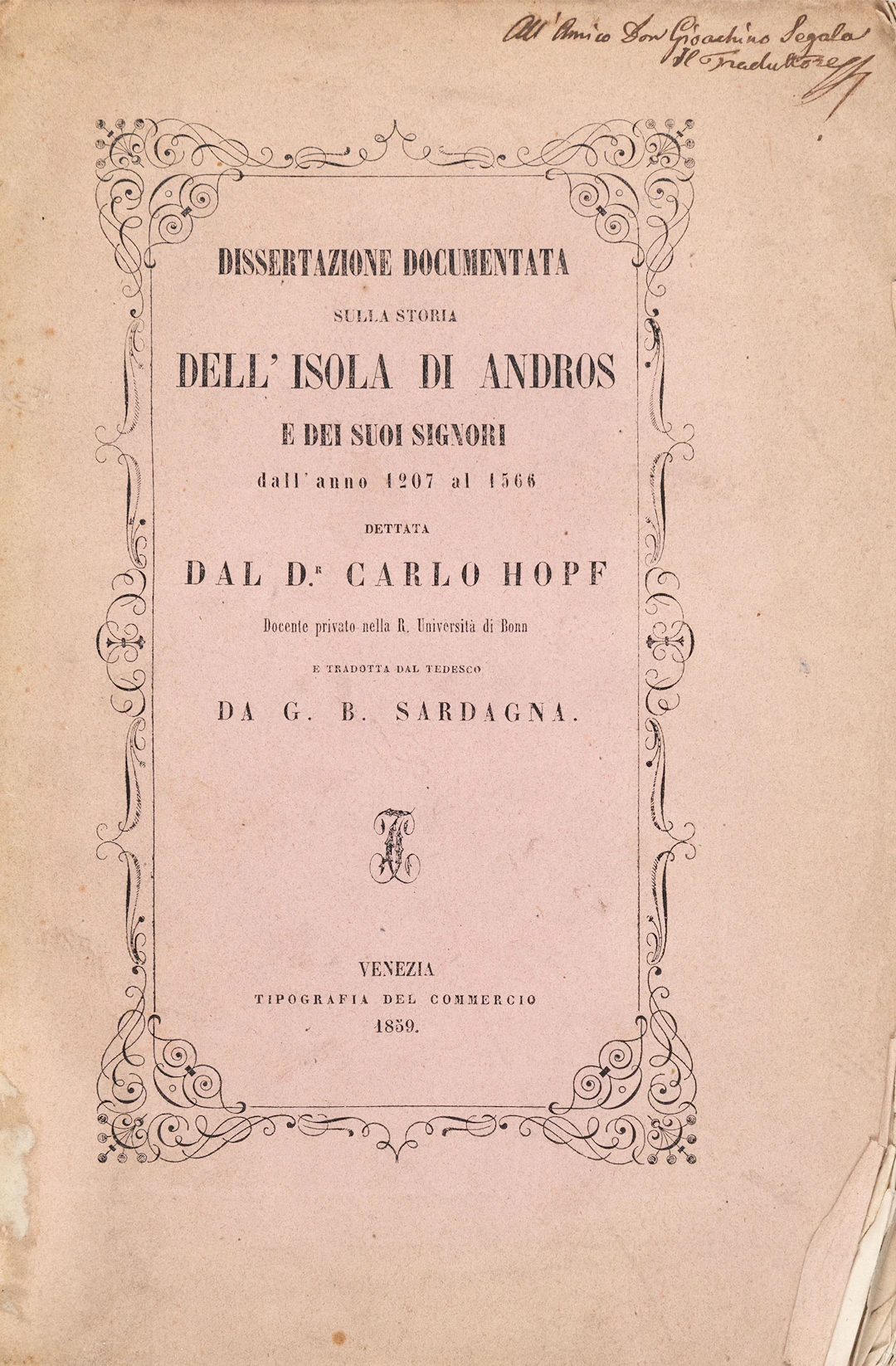 HOPF, Karl. Dissertazione documentata sulla storia dell'isola di Andros