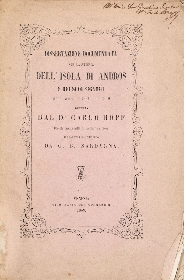 HOPF, Karl. Dissertazione documentata sulla storia dell'isola di Andros
