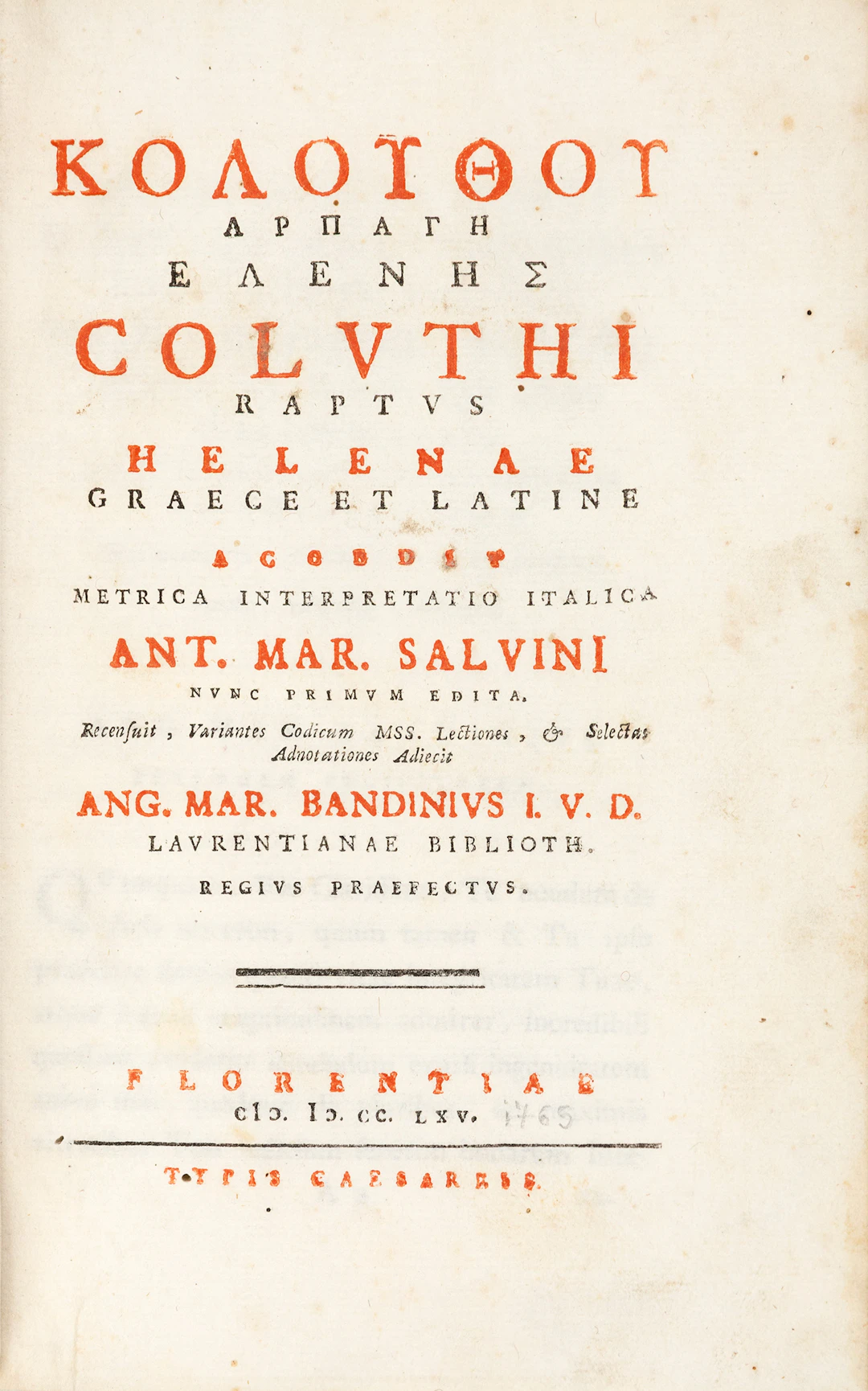 COLUTHUS. Κολούθου Ἁρπαγή Ελένης. Coluthi Raptus Helenae. Graece et