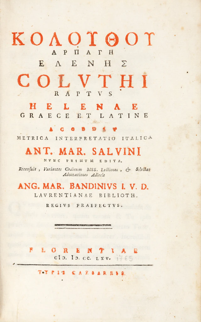COLUTHUS. Κολούθου Ἁρπαγή Ελένης. Coluthi Raptus Helenae. Graece et