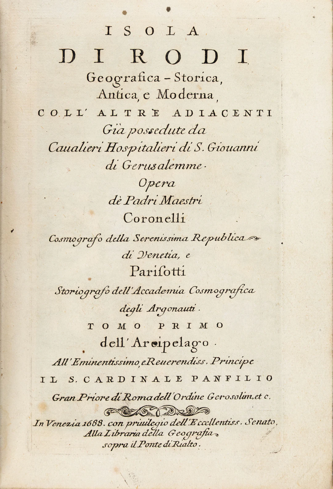 CORONELLI, Vincenzo Maria, and Antonio PARISOTTI. Isola di Rodi. Geografica-stor