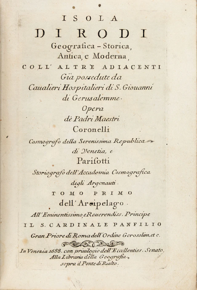 CORONELLI, Vincenzo Maria, and Antonio PARISOTTI. Isola di Rodi. Geografica-stor