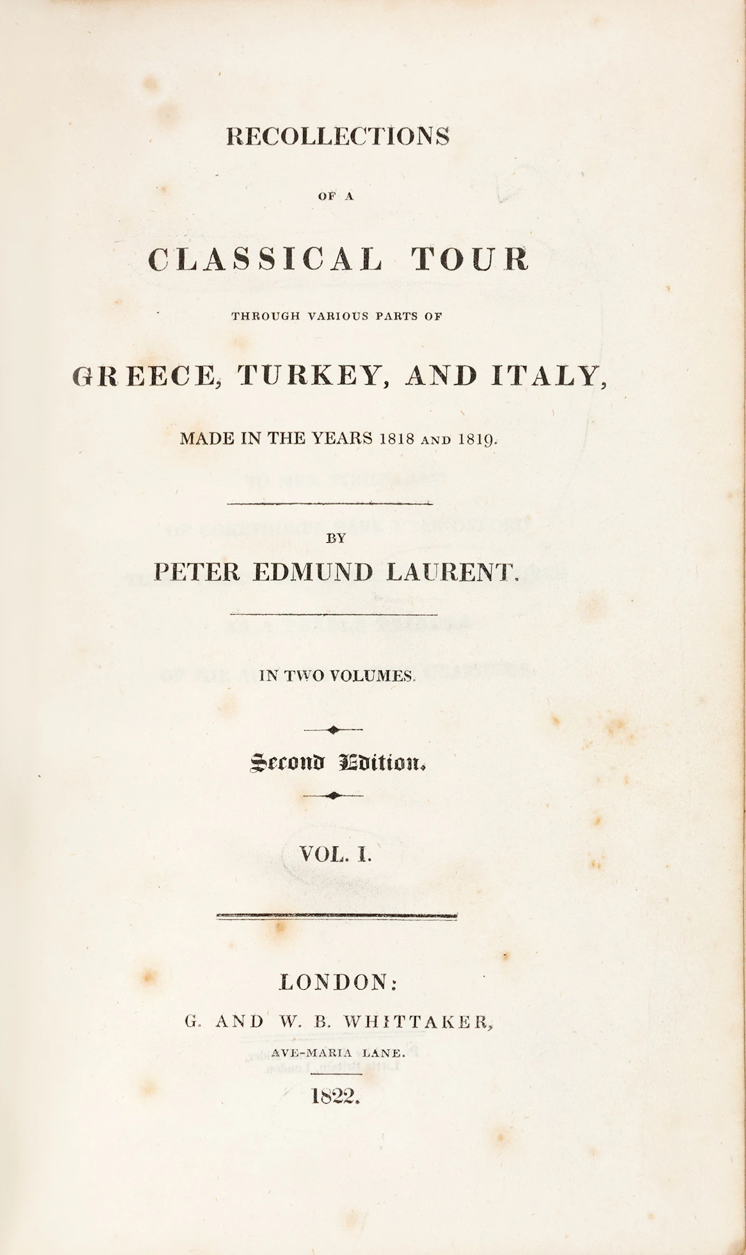 LAURENT, Peter Edmund. Recollections of a classical tour through various