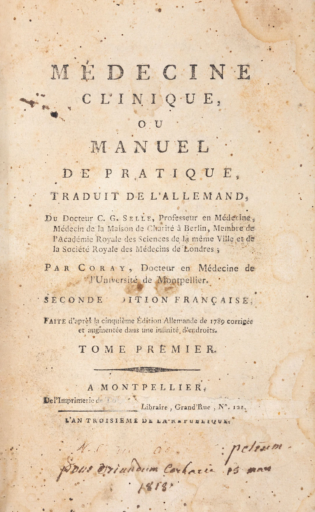 ΚΟΡΑΗΣ, Αδαμάντιος. — SELLE, Christian Gottlieb. Médecine clinique