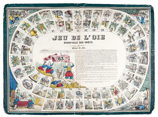 Jeu de l'oie renouvelé des Grecs, Λιθογραφία, επιχρωματισμένη με το χέρι.
