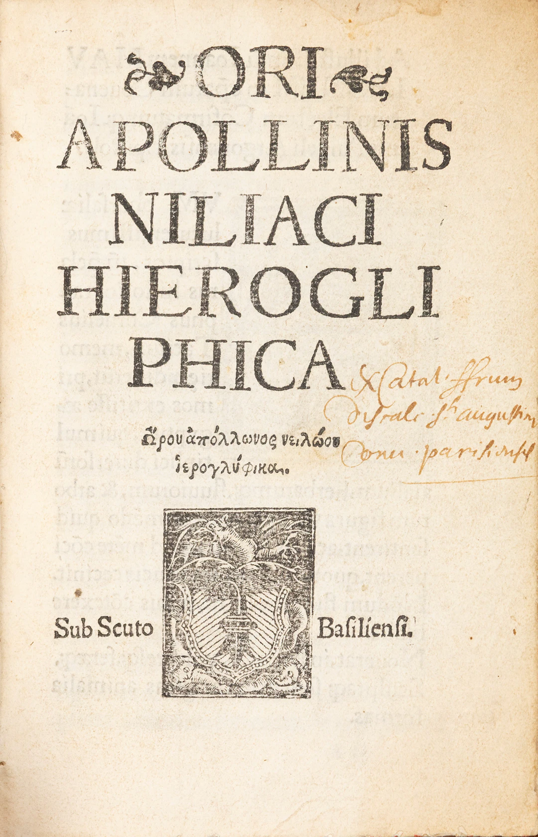 HORAPOLLO. Ori Apollonis Niliaci Hierogliphica. Ὤρου Ἀπόλλωνος Νειλώου