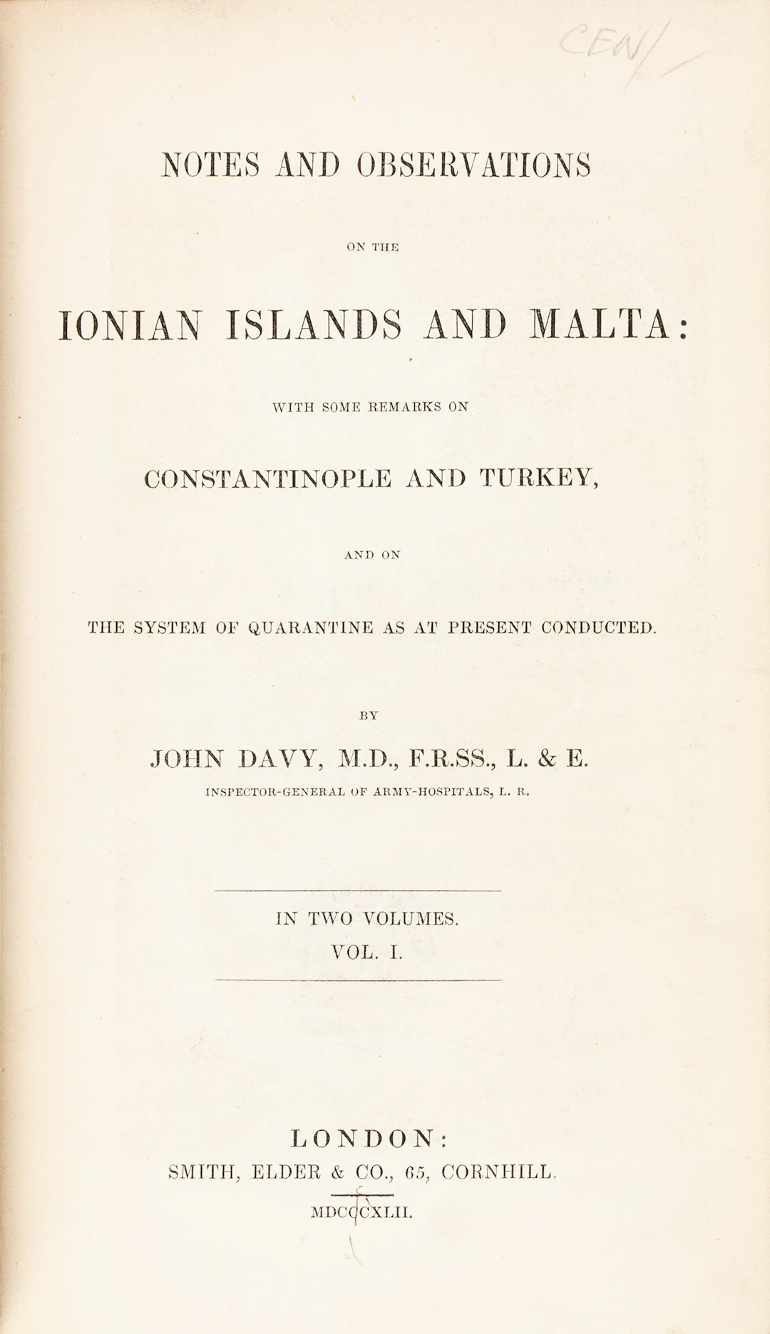 DAVY, John. Notes and observations on the Ionian islands and Malta: