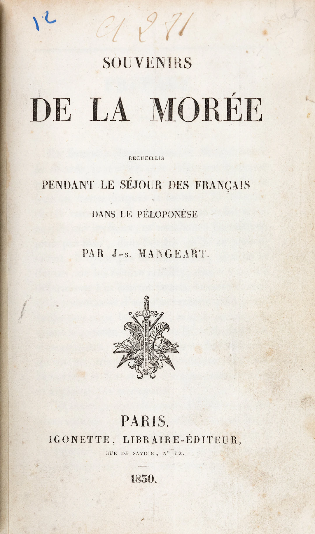 MANGEART, Jules. Souvenirs de la Morée, recueillis pendant le séjour