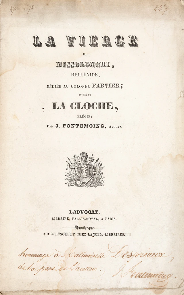 FONTEMOING, J. La vierge de Missolonghi, hellénide, dédiée au colonel
