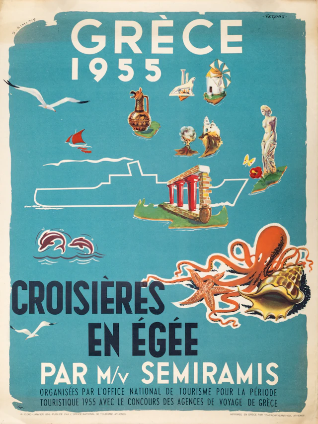 ΣΗΜΙΤΗΣ, Σ. Grèce 1955, [κάτω:] Croisières en Égée par M/v Semiramis.