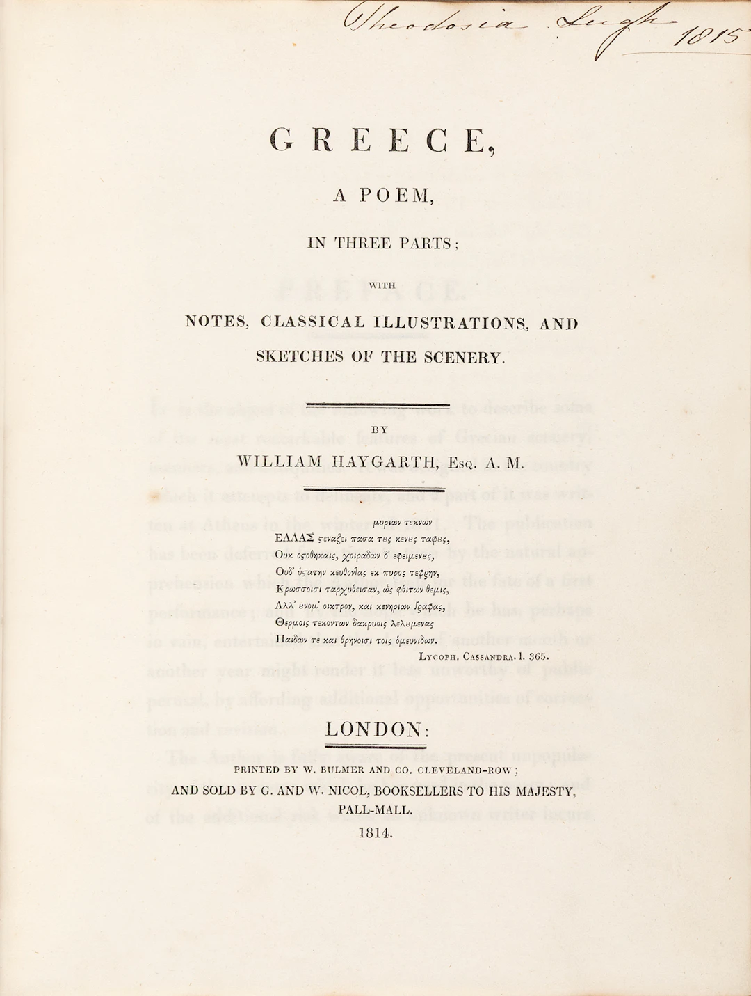 HAYGARTH, William. Greece, a poem in three parts; with notes, classical
