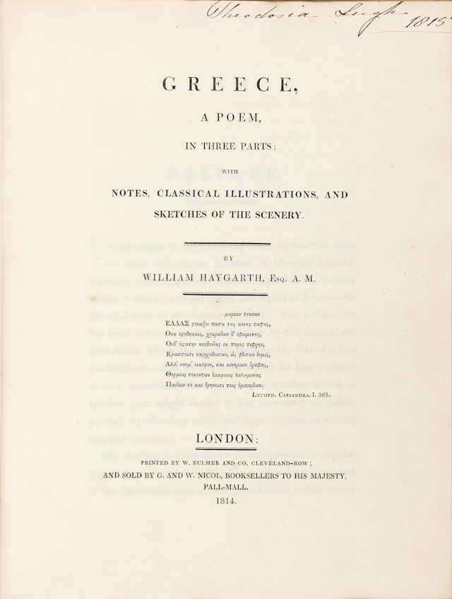 HAYGARTH, William. Greece, a poem in three parts; with notes, classical