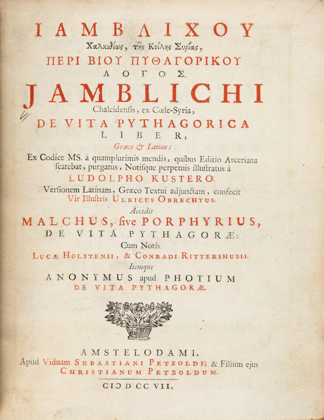 IAMBLICHUS. Ἰαμβλίχου Χαλκιδέως, τῆς Κοίλης Συρίας, Περὶ βίου Πυθαγορικοῦ
