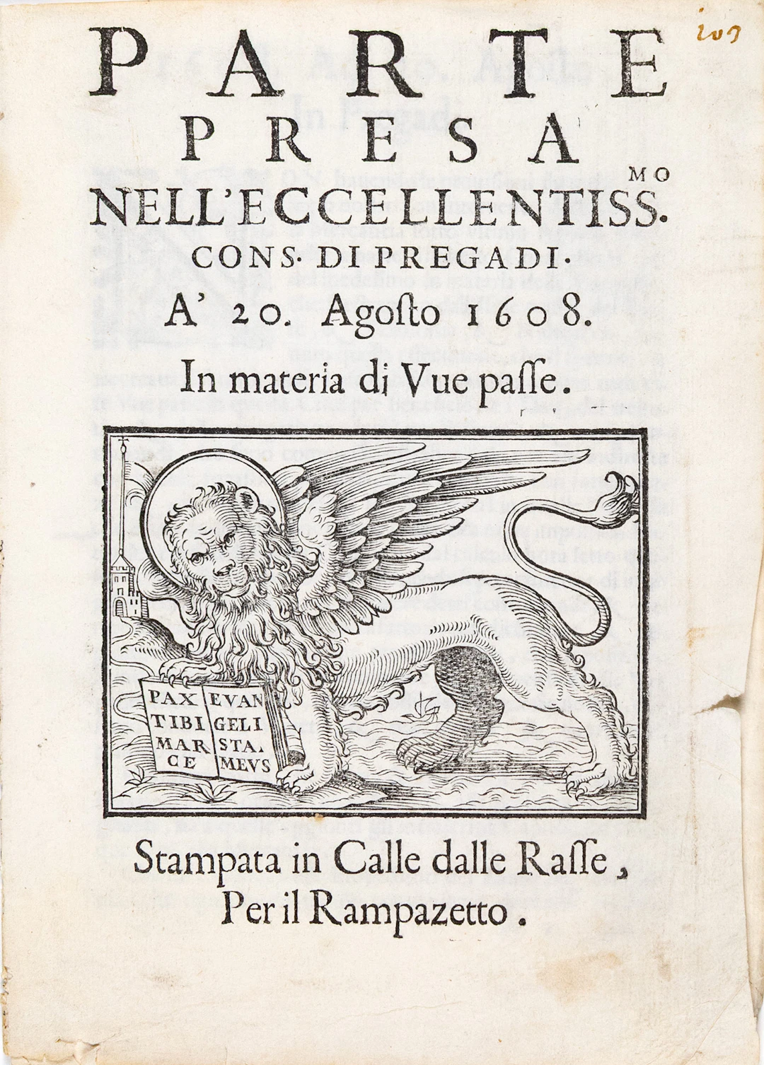Parte presa nell’Eccellentiss.mo Cons. di Pregadi. A’ 20. Agosto 1608