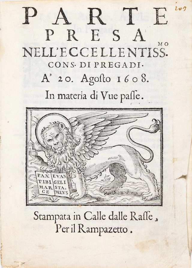 Parte presa nell’Eccellentiss.mo Cons. di Pregadi. A’ 20. Agosto 1608