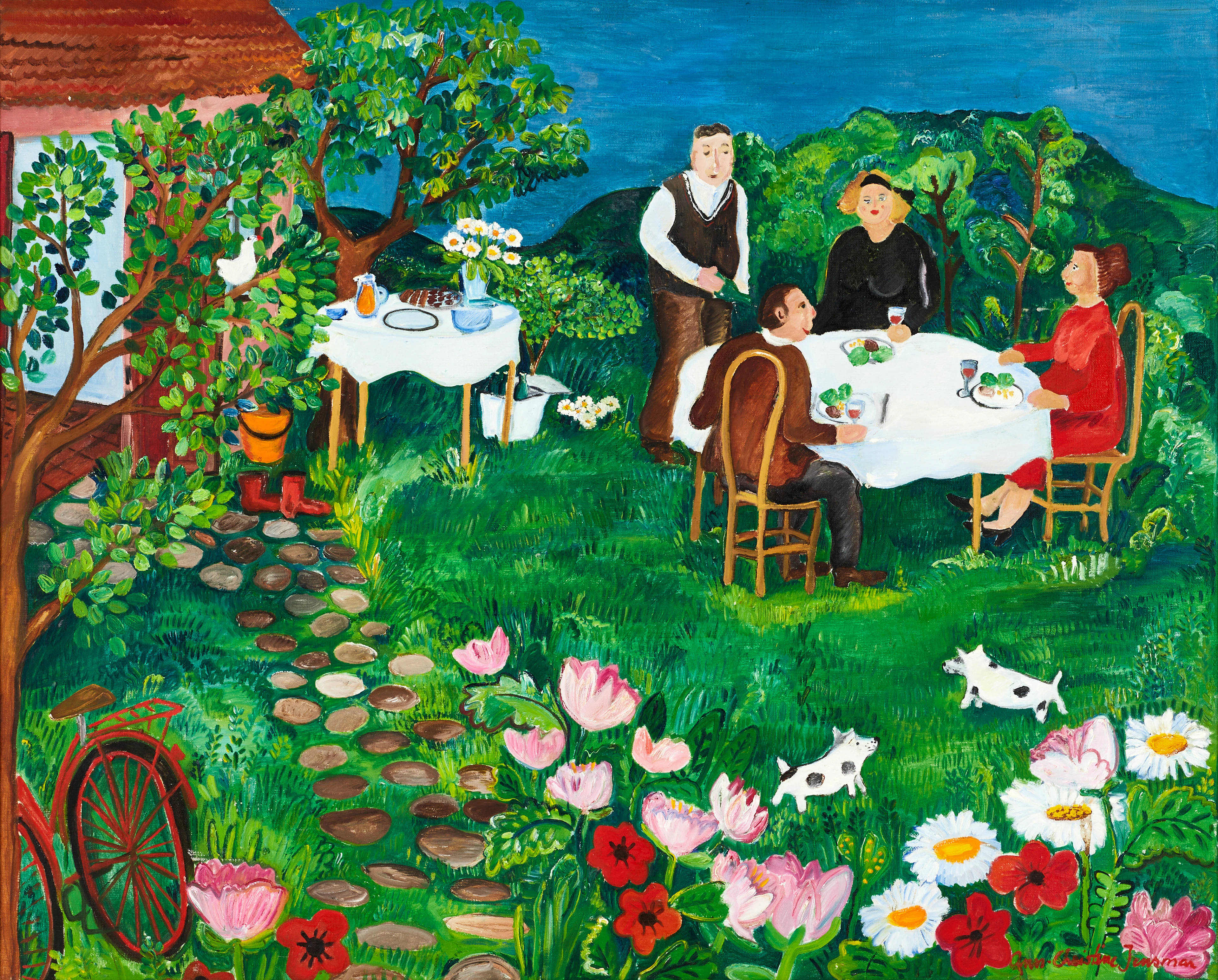 ANN-CHRISTINE JENSMAR (född 1954). "Söndagsmiddag i trädgården", signerad