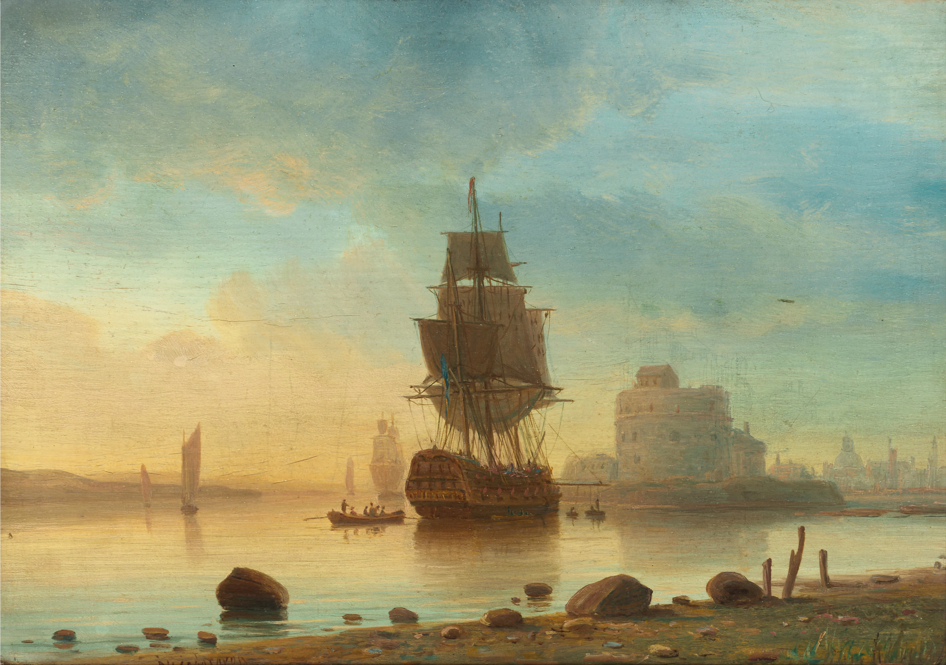 PER WILHELM CEDERGREN (Sverige, 1820-1896): Fartyg i gryningsljus
