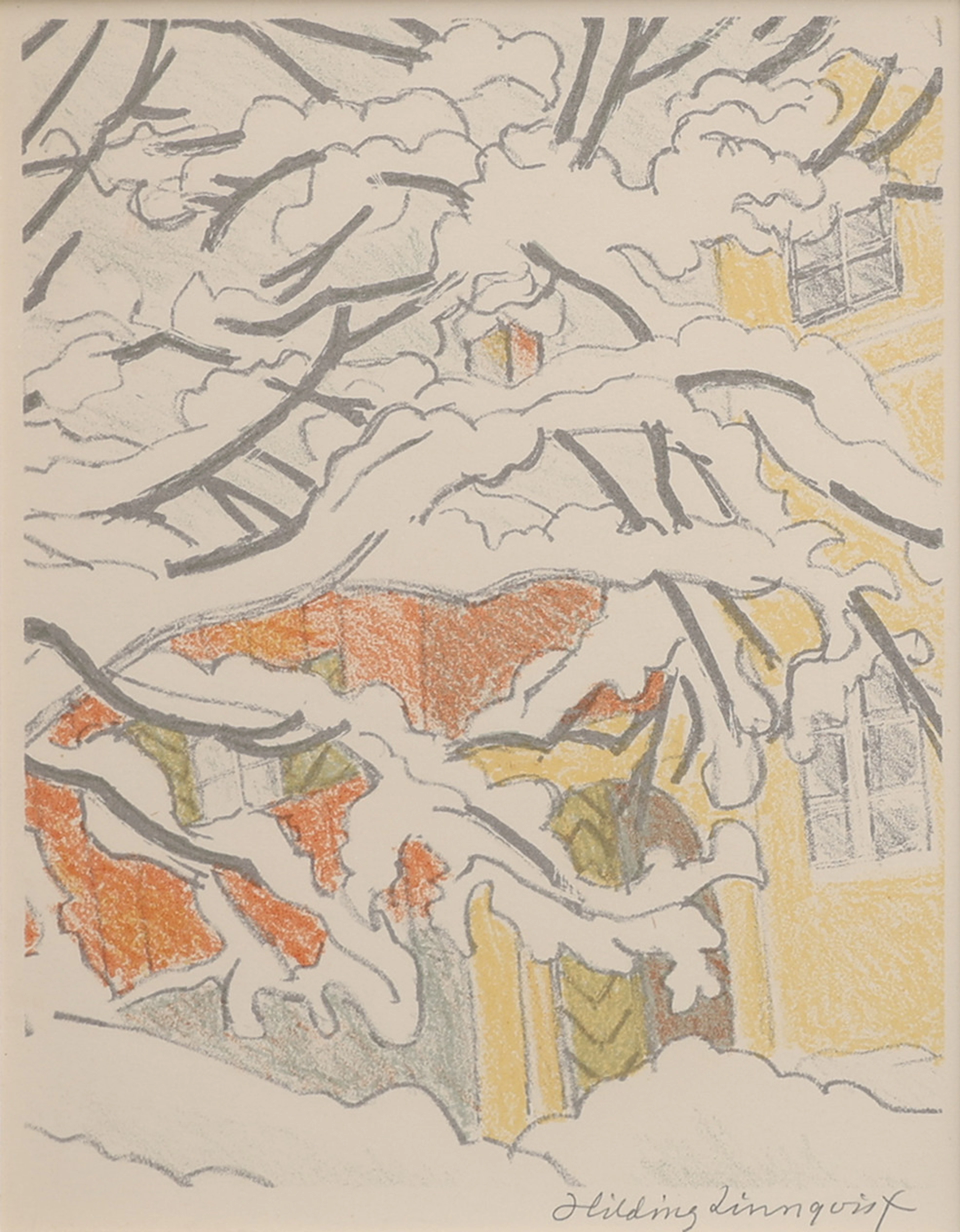 HILDING LINNQVIST. LITOGRAFI, STADSVY I SNÖ, SIGNERAD.