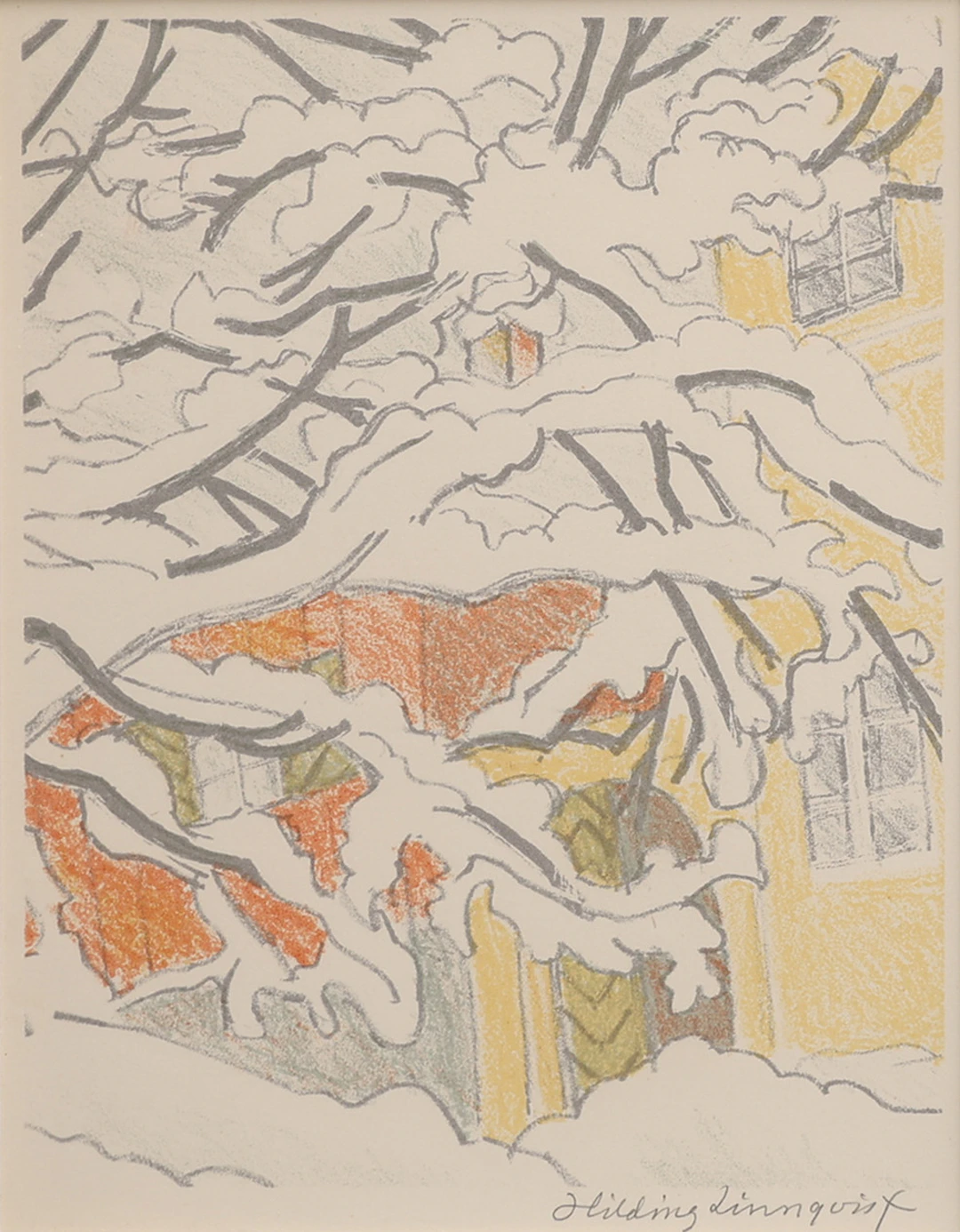 HILDING LINNQVIST. LITOGRAFI, STADSVY I SNÖ, SIGNERAD.