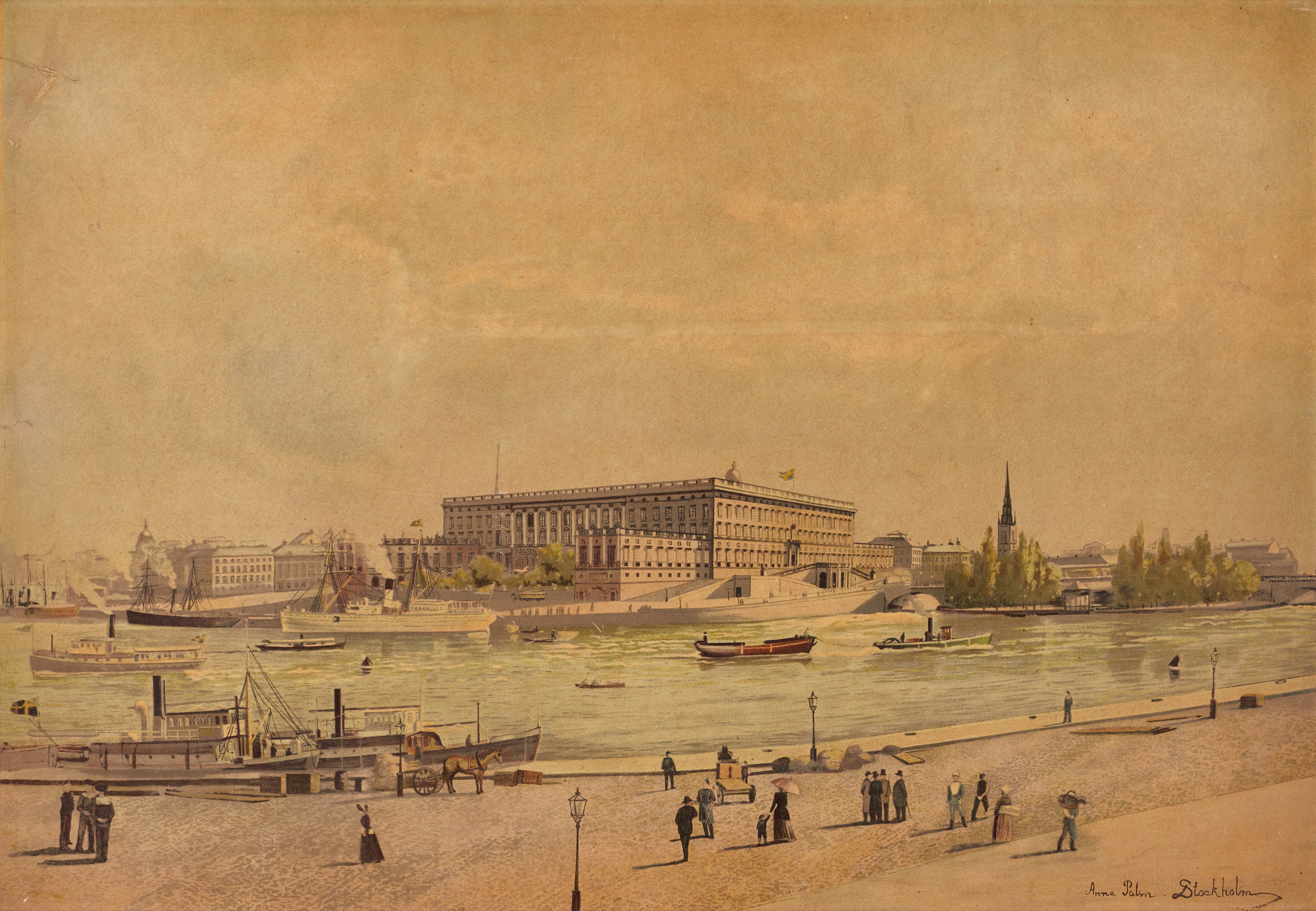 ANNA PALM DE ROSA (1859–1924). Vy mot Stockholms slott, litografi