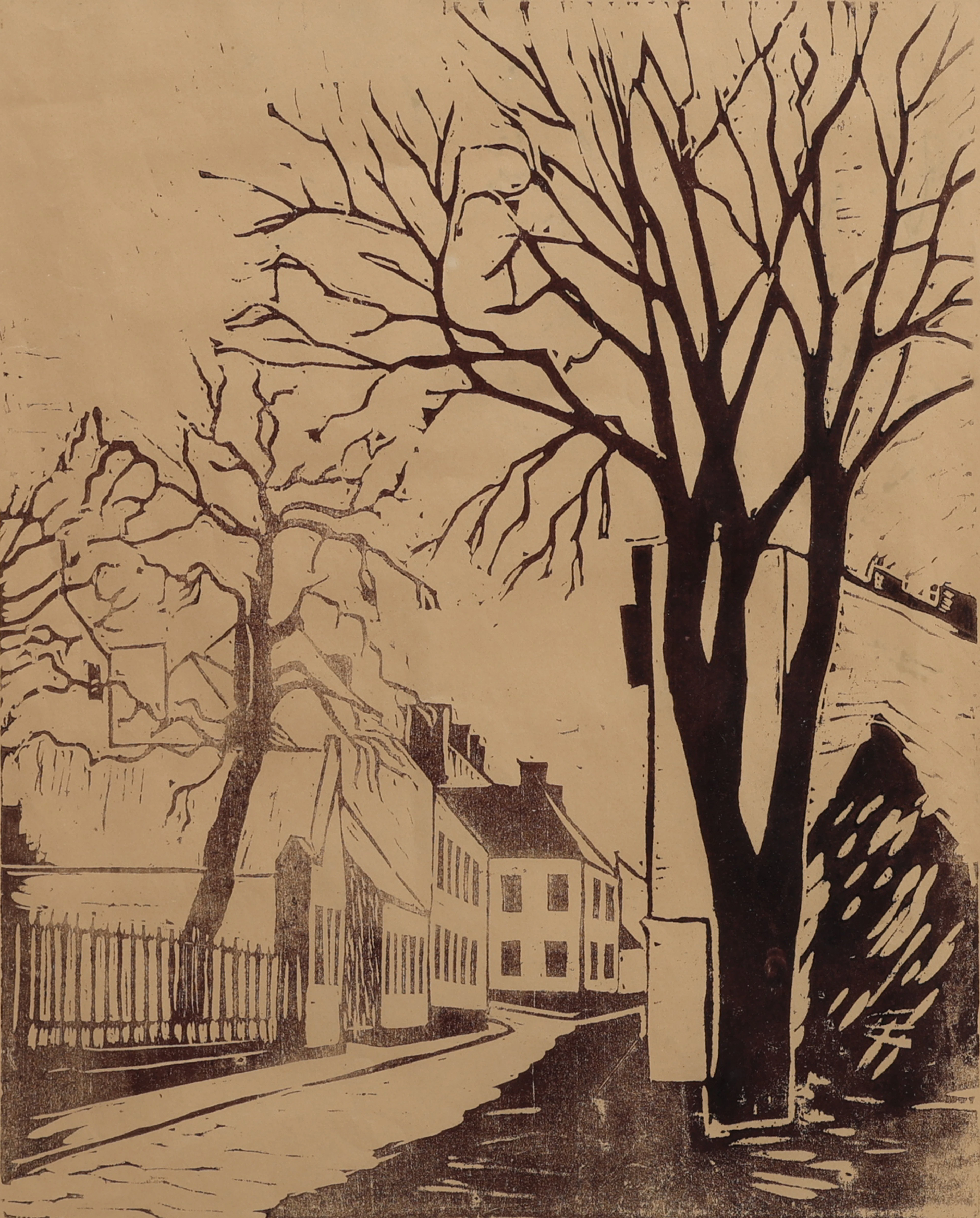 YNGVE THOR HENRIK BERG. LUNDAMOTIV, TRÄSNITT, SIGNERAD OCH DATERAD 1952.