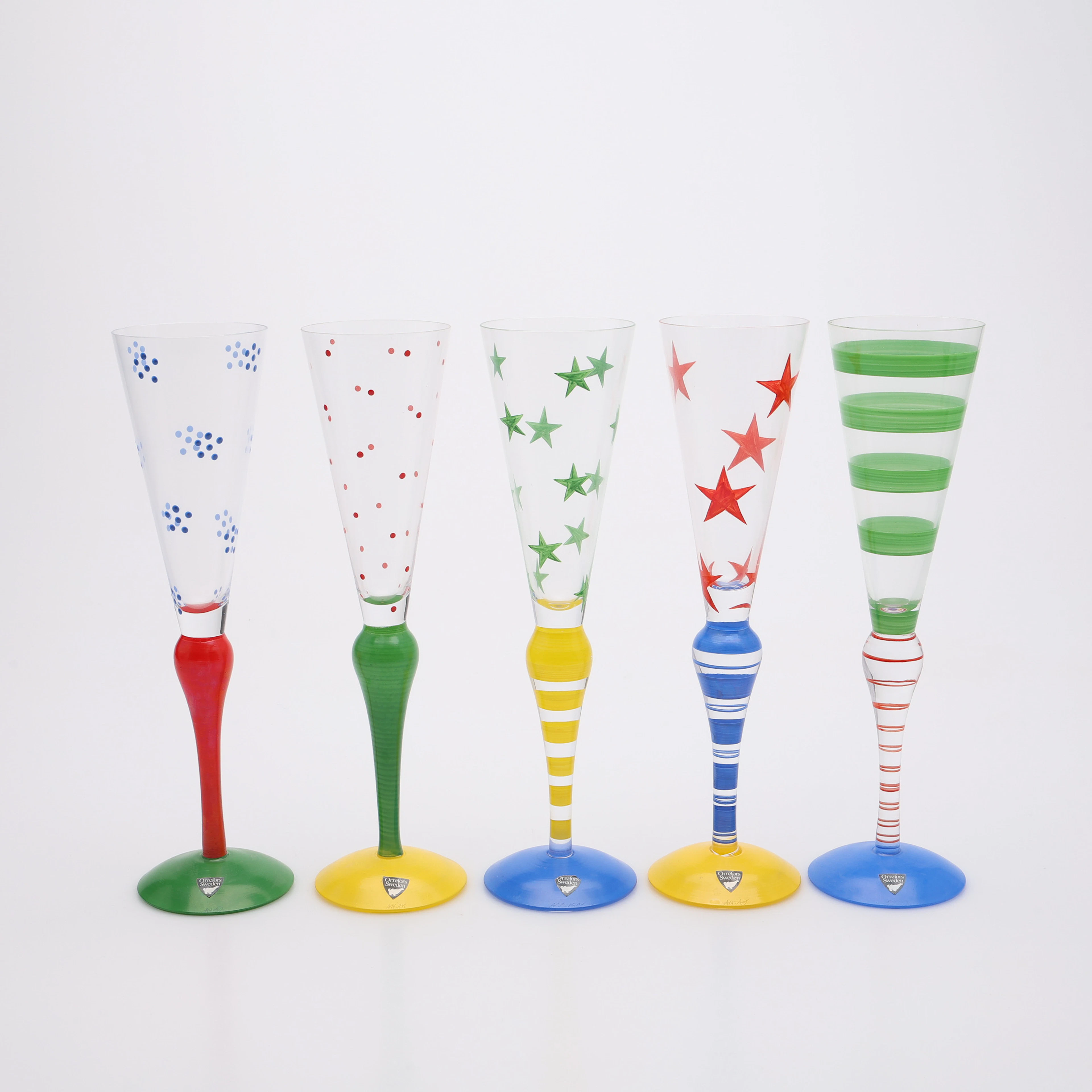 ANNE NILSSON. CHAMPAGNEGLAS, FEM STYCKEN, "CLOWN", ORREFORS.