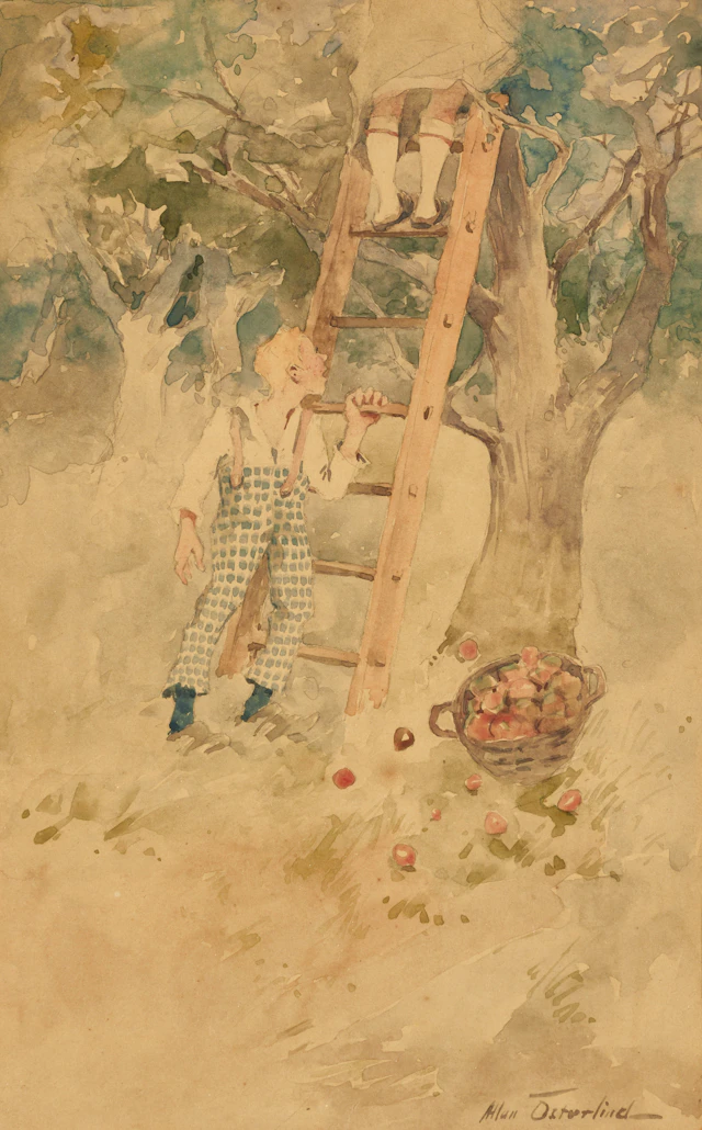 ALLAN ÖSTERLIND (1855–1938). Frukten skördas, signerad, akvarell.
