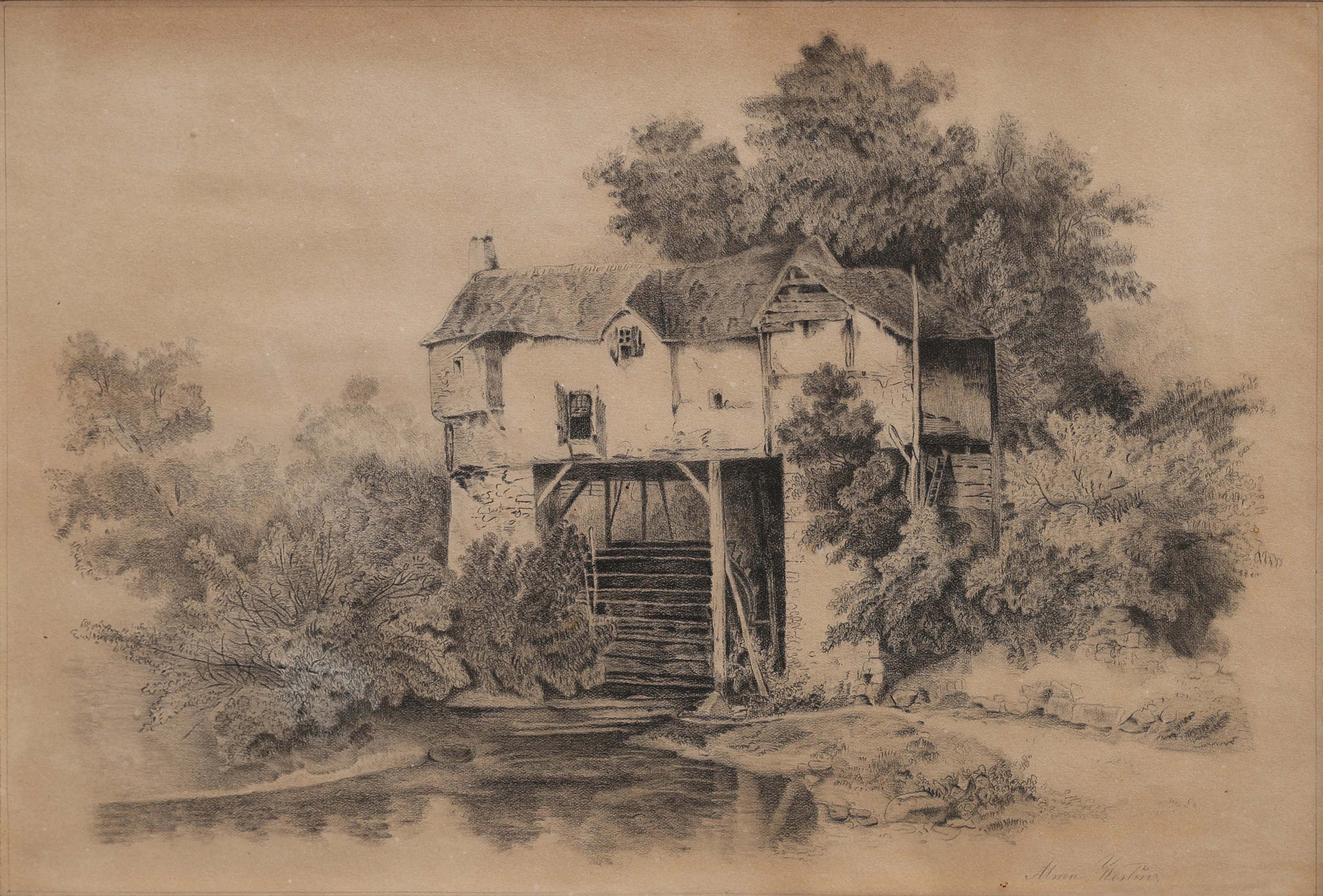 ALMA WESTIN, PENNTECKNING FÖRESTÄLLANDE EN VATTENKVARN, 1800-tal, signerad.