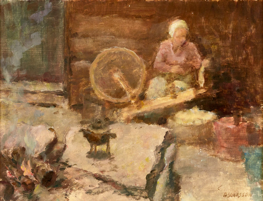 BERNHARD OSCARSSON (1894-1977). Interiör med kvinna vid vävstol, signerad