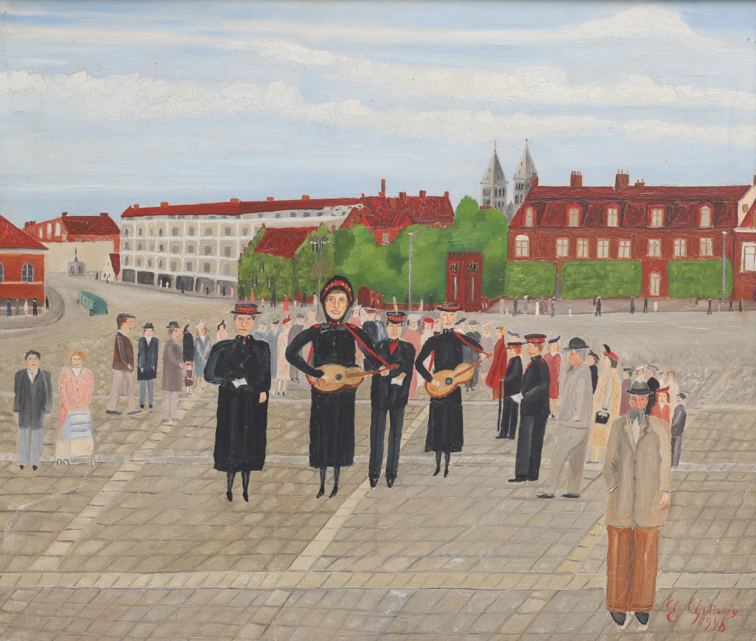 ERNST GULLBERG (1887-1970). "FRÄLSNINGSARMEN (PÅ MÅRTENSTORGET )(LUND), 1948.